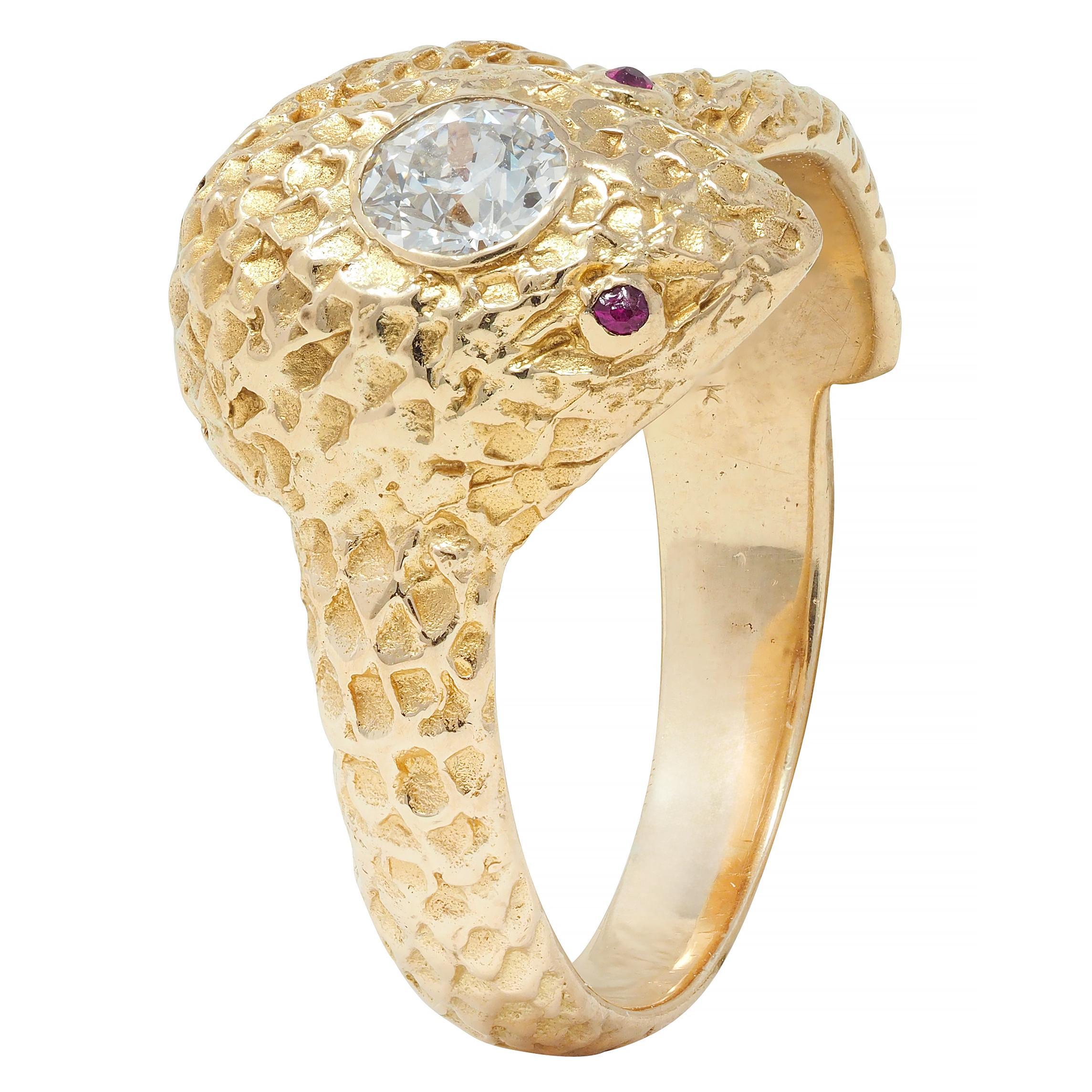 Victorian Old European Cut Diamond Ruby 10 Karat Yellow Gold Antique Snake Ring For Sale 5