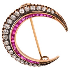 Victorian old European cut diamond ruby 18k rose gold crescent brooch
