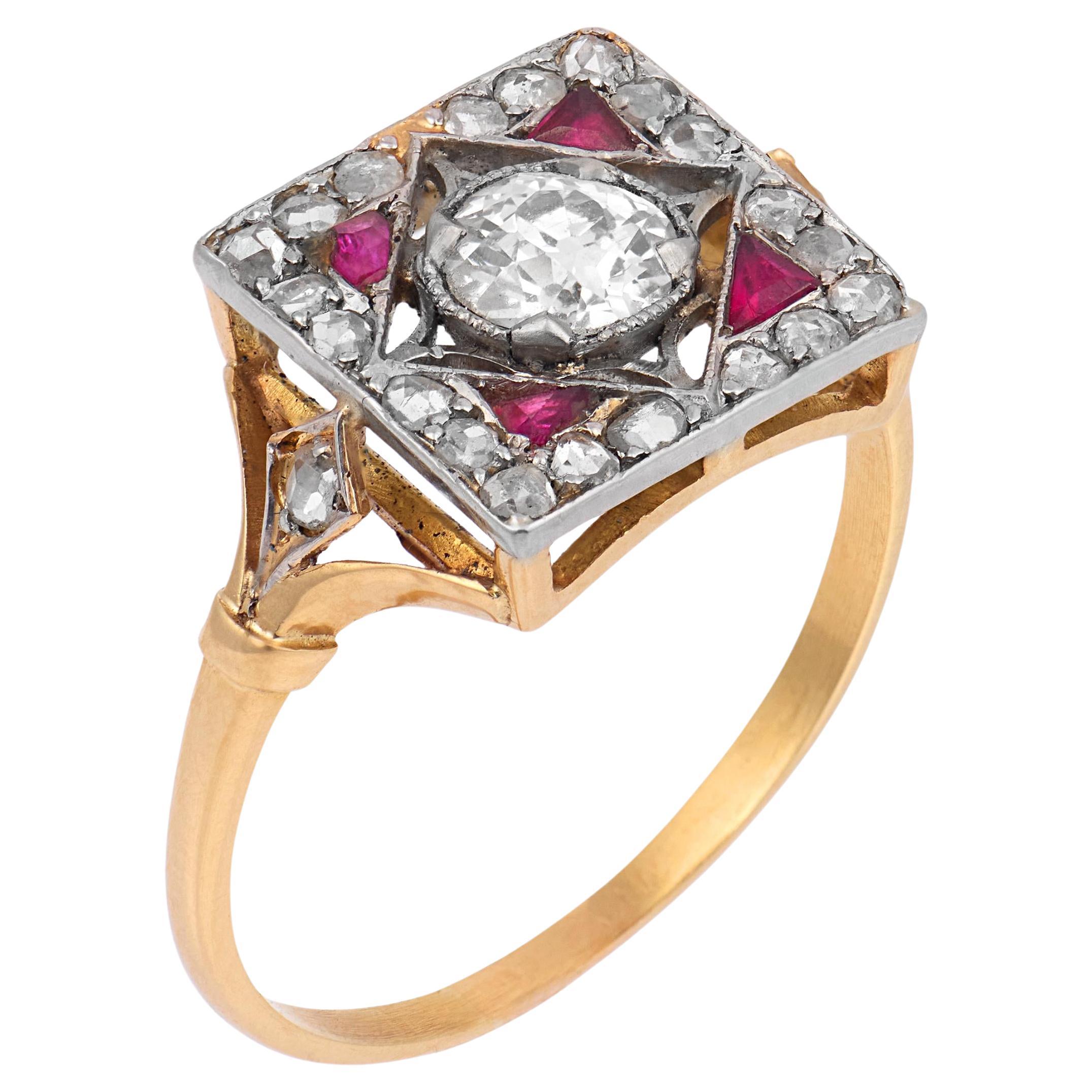 Victorian old European cut diamond ruby 18k yellow gold platinum ring