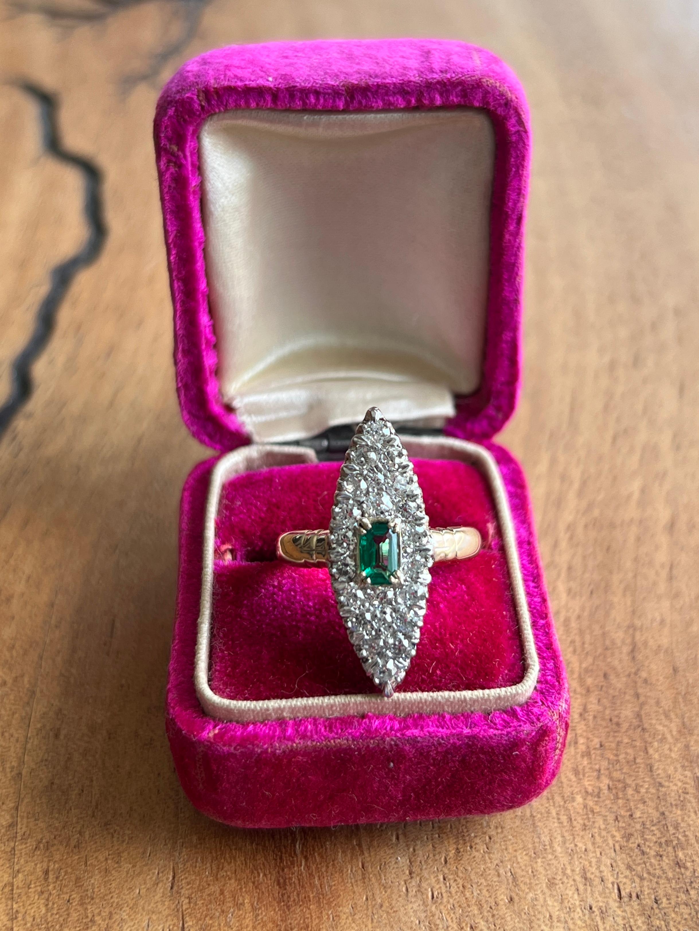 One Victorian 1880s ring crafted in 14 karat yellow gold with a silver top, showcasing the refined craftsmanship of the era. The ring is set with twenty-two old European cut diamonds totaling approximately 1.00 carat, with H-J color and VS2-SI1