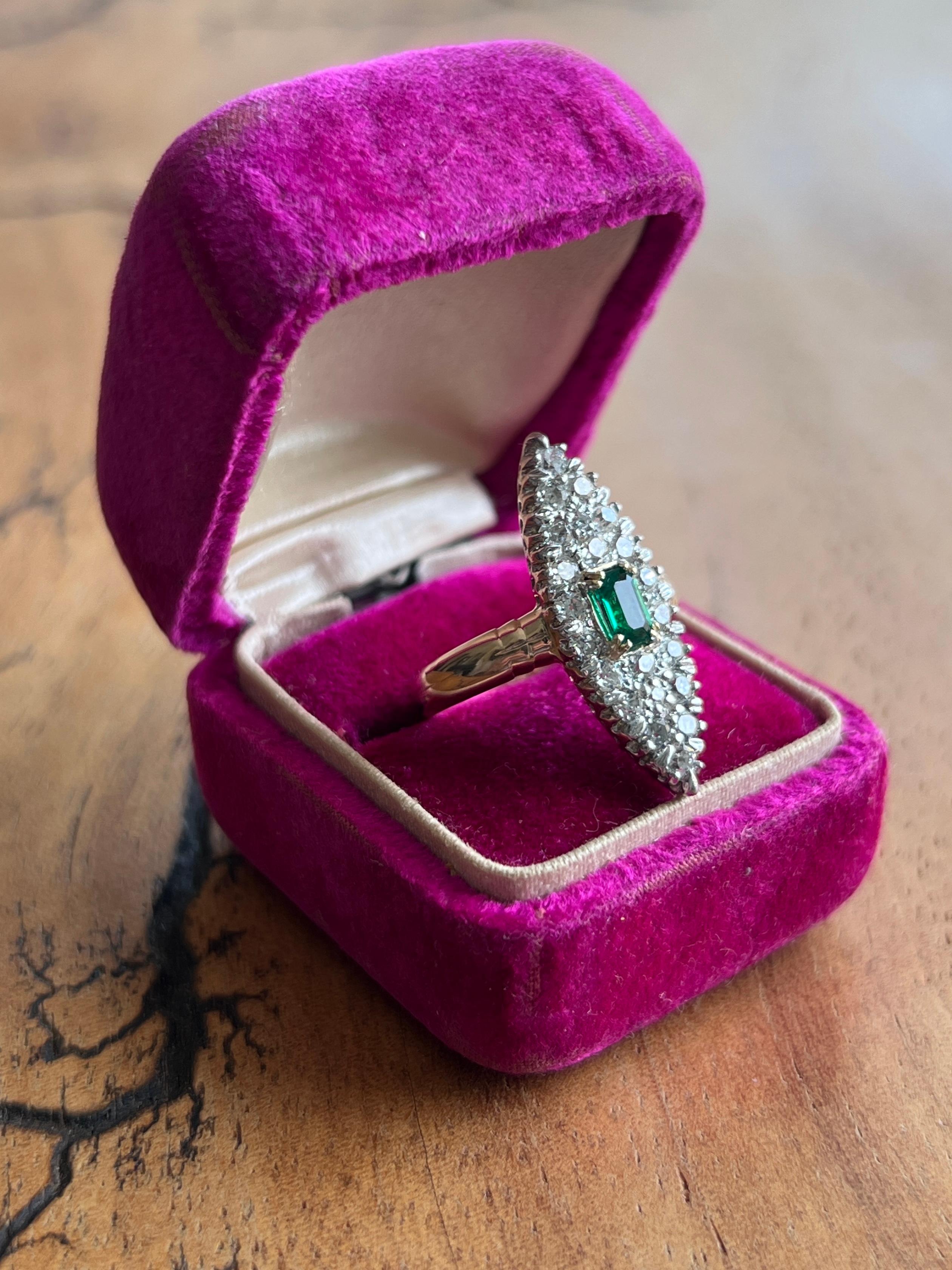 Taille émeraude Victorian Old European Cut Diamond Synthetic Emerald & 14k Yellow Gold Ring 1880 en vente
