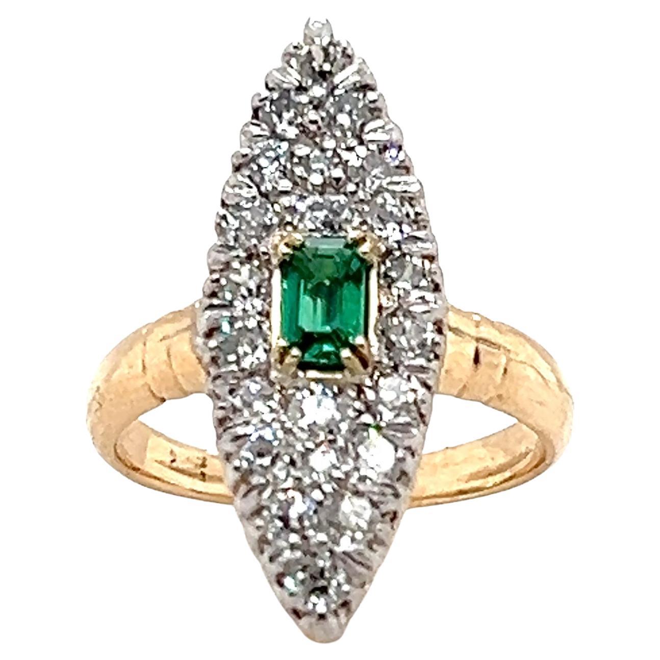 Victorian Old European Cut Diamond Synthetic Emerald & 14k Yellow Gold Ring 1880