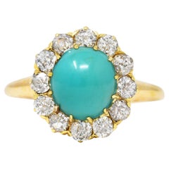 Victorian Old European Cut Diamond Turquoise 14 Karat Yellow Gold Antique Ring