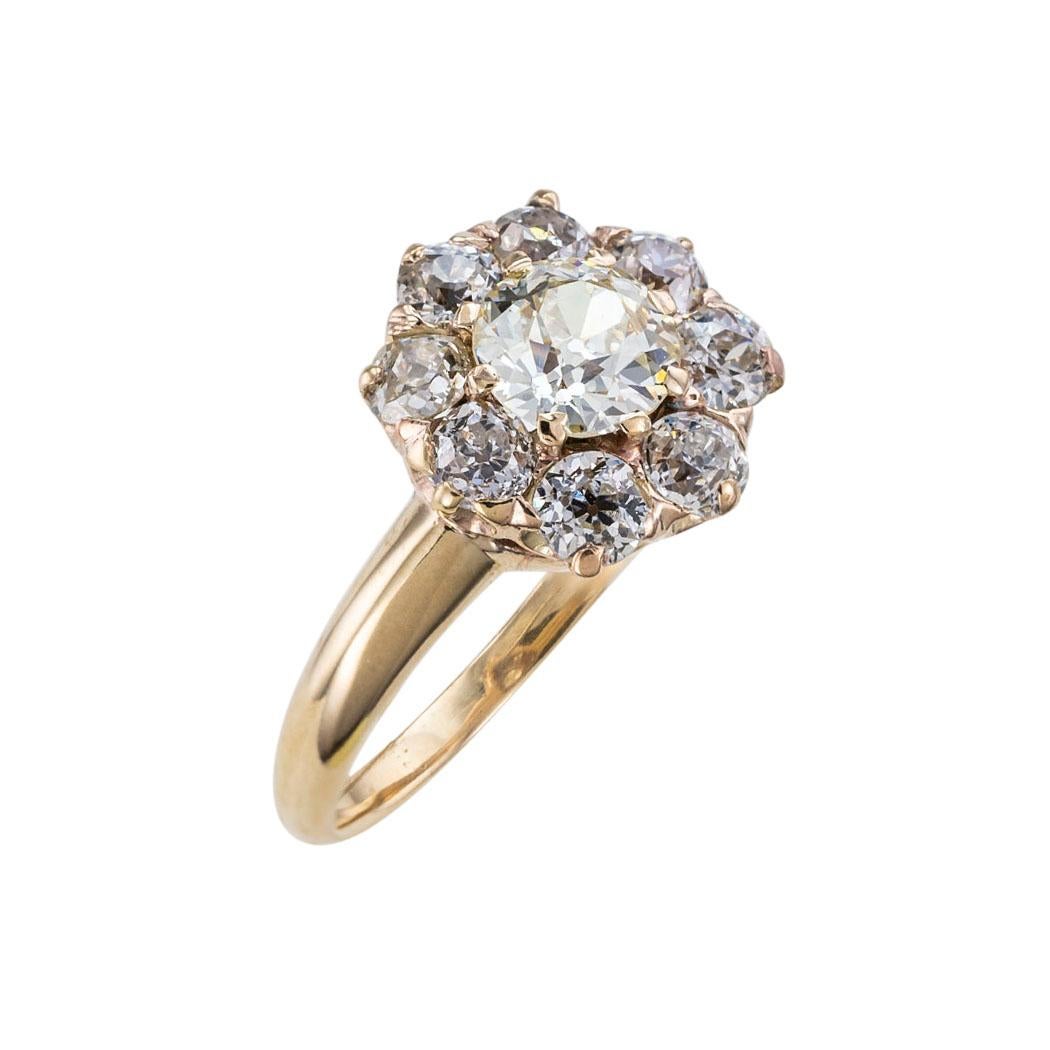 Victorian diamond cluster and yellow gold engagement ring circa 1890. *

SPECIFICATIONS:

CENTER DIAMOND:  one old European-cut diamond weighing approximately 0.75 carat, lite yellow color, VS clarity.

SMALLER DIAMONDS:  eight old mine-cut diamonds