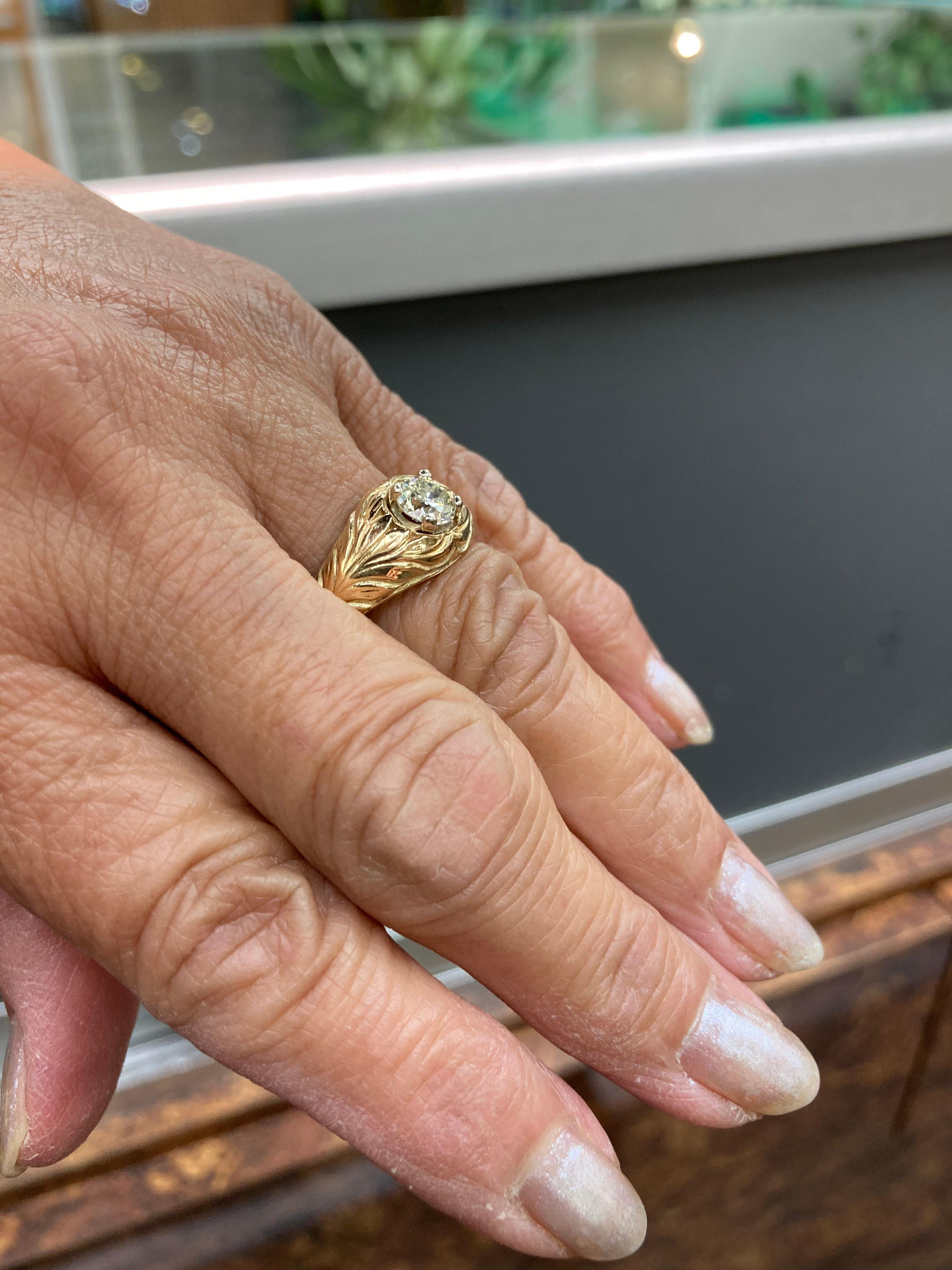 Women's or Men's Victorian Old European Cut Diamond Yellow Gold Ring Size 8-