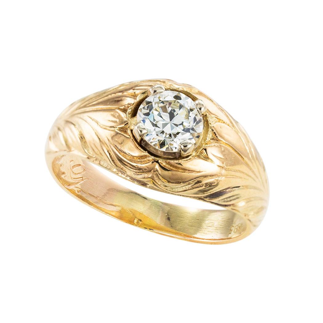 Victorian old European-cut diamond and yellow gold ring circa 1890. *

SPECIFICATIONS:

DIAMOND:  one old European-cut diamond weighing approximately 0.70 carat, approximately M color, VS clarity.

METAL:  14-karat yellow gold

WEIGHT:  7.3