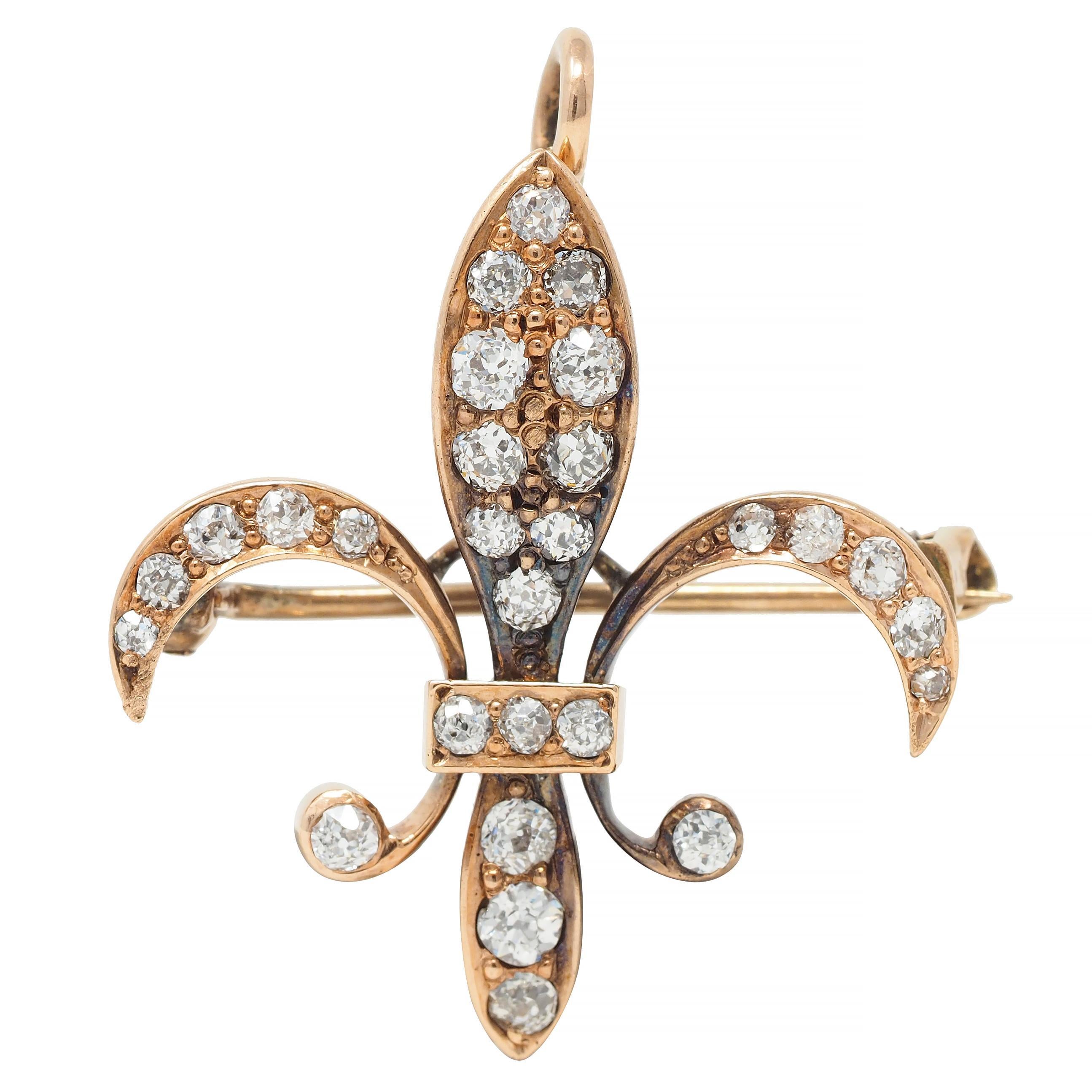 Victorian Old European Diamond 10 Karat Gold Fleur-De-Lis Antique Pendant Brooch For Sale 2