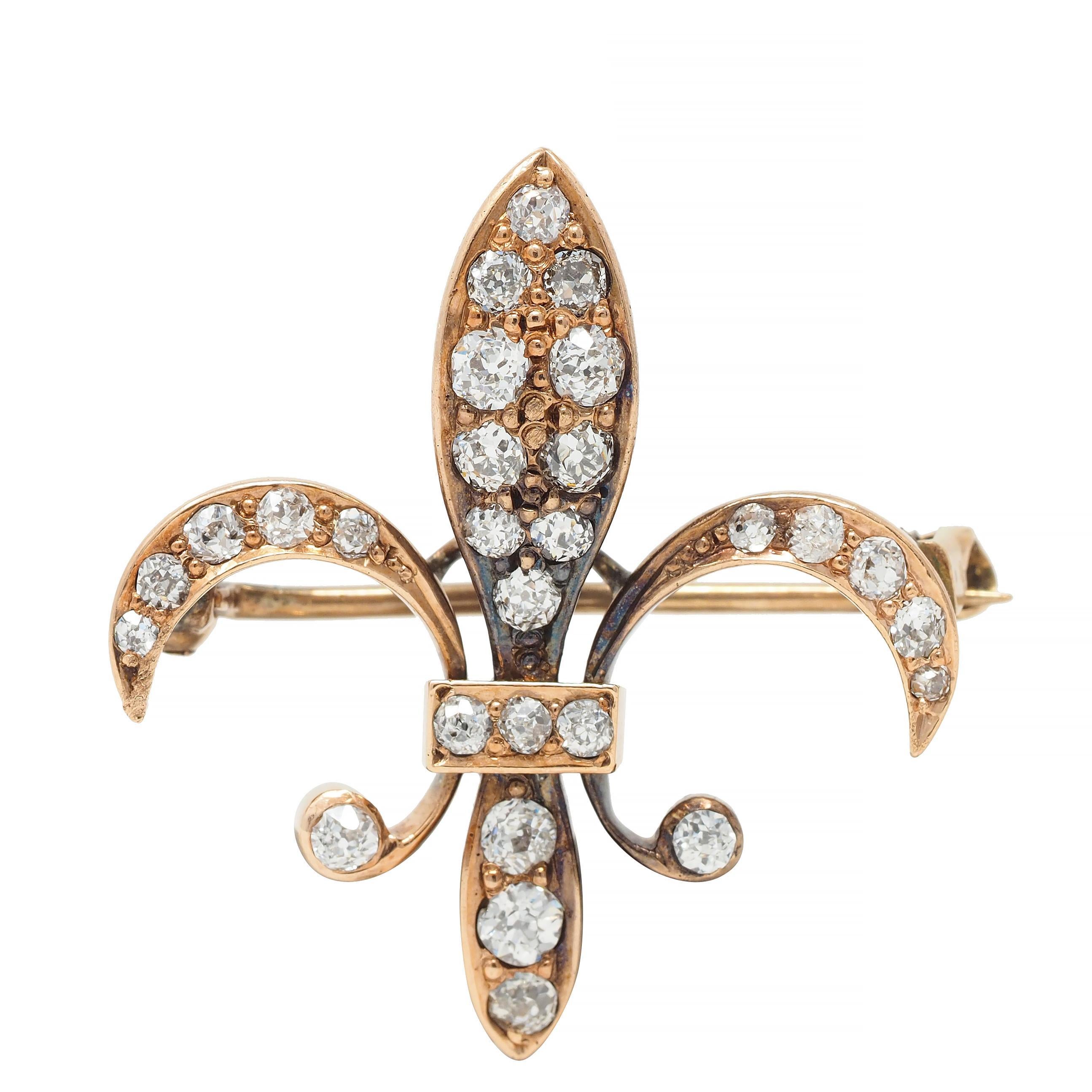 Victorian Old European Diamond 10 Karat Gold Fleur-De-Lis Antique Pendant Brooch For Sale 3