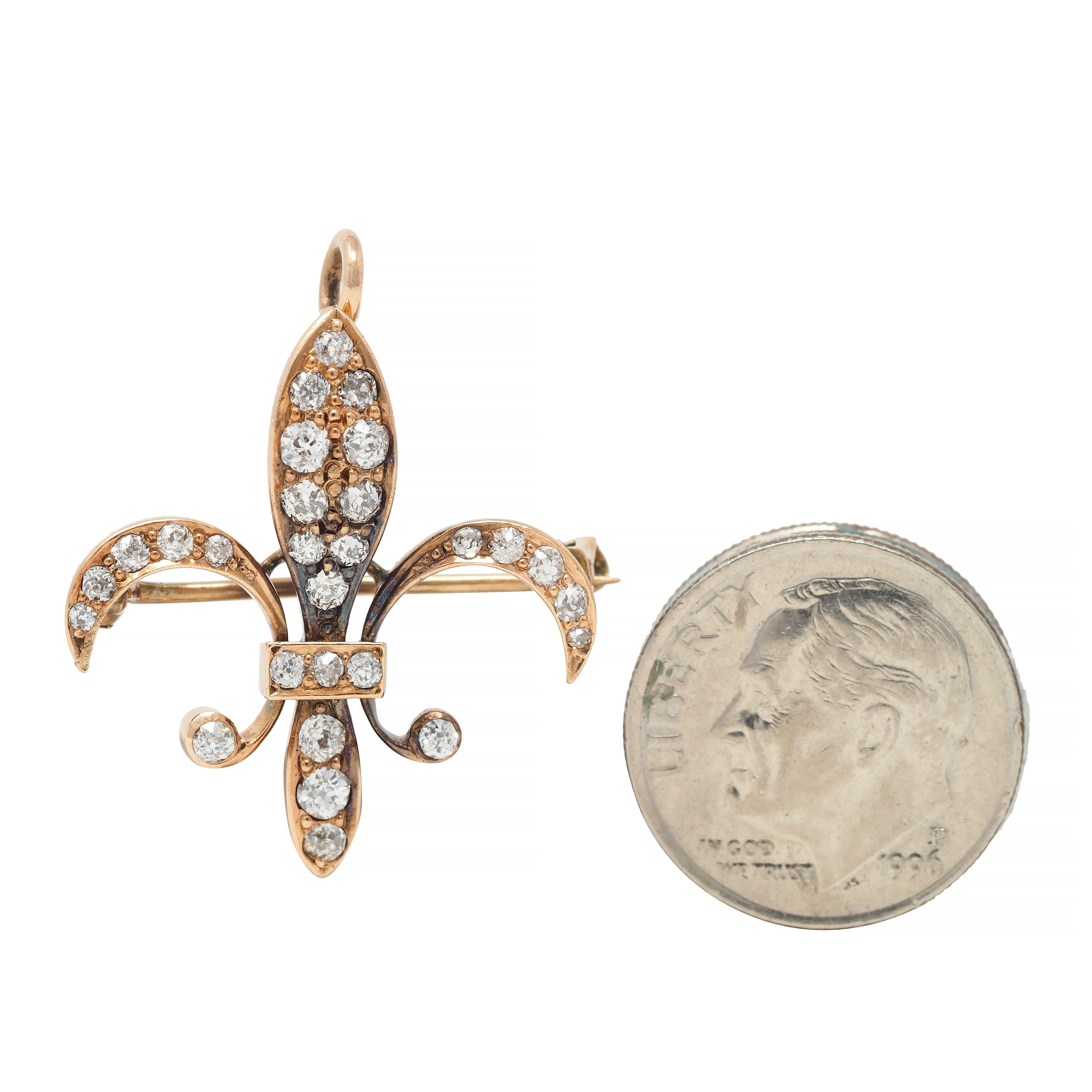 Victorian Old European Diamond 10 Karat Gold Fleur-De-Lis Antique Pendant Brooch For Sale 4