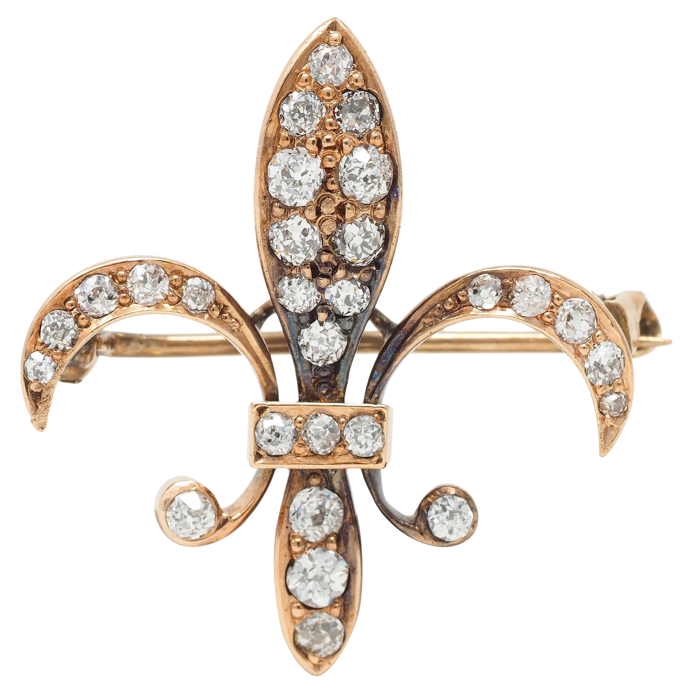 Victorian Old European Diamond 10 Karat Gold Fleur-De-Lis Antique Pendant Brooch For Sale