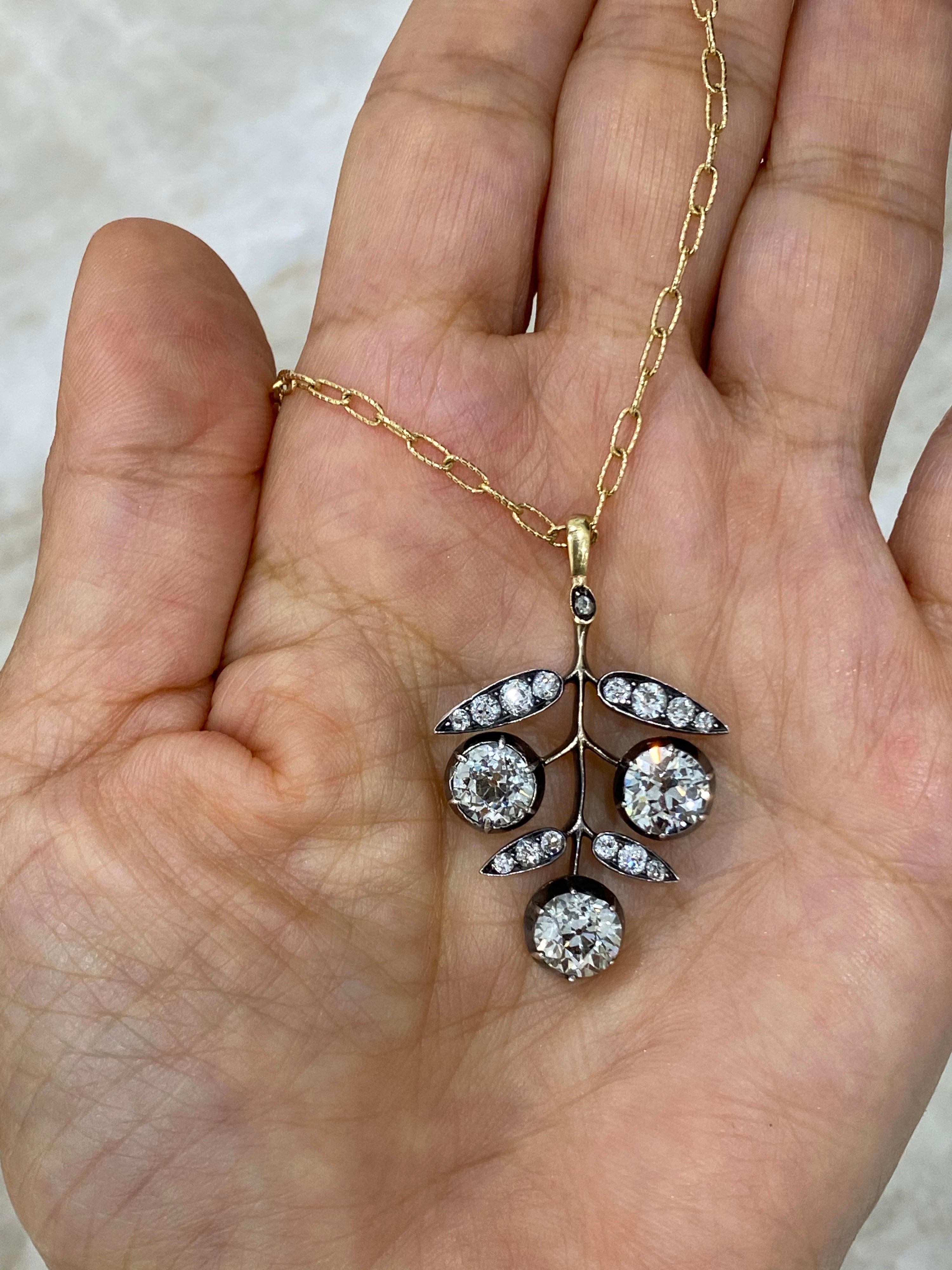 This incredible necklace is a show stopper! Set in silver backed in yellow gold true to the Victorian period. 
3 large old European diamonds= Approx.4.15 Carat.
I-J, VS2. ( approx 1.30+ carat each)
Additionally:
14 graduated old European diamonds &