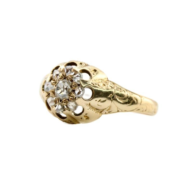 Old Mine Cut Victorian Old Mine and Rose Cut Diamond Cluster Ring in Yellow Gold Circa 1850's For Sale