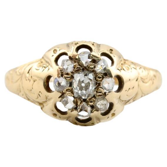 Victorian Old Mine and Rose Cut Diamond Cluster Ring in Yellow Gold Circa 1850's For Sale