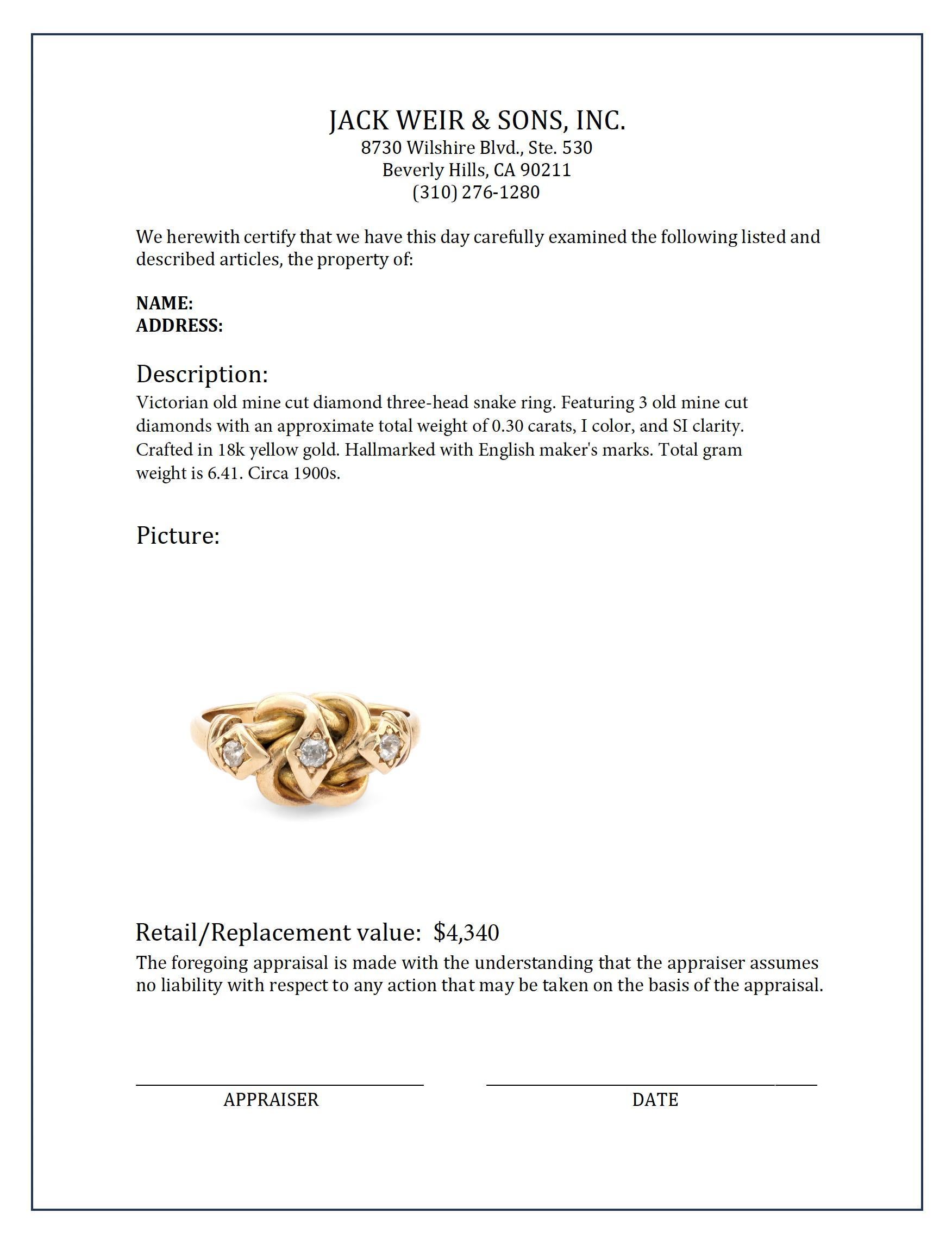 Women's or Men's Victorian old mine cut 18k yellow gold three head snake ring For Sale