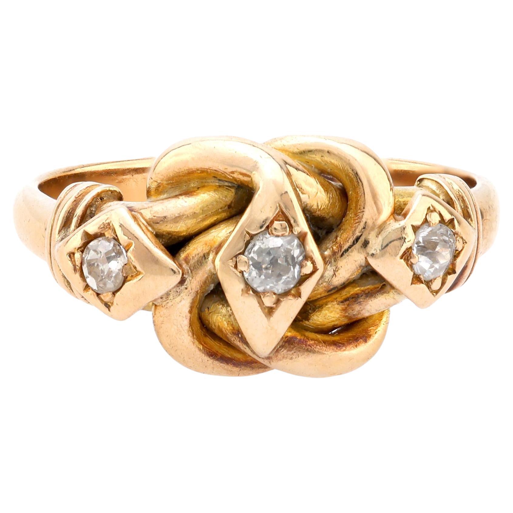 Victorian old mine cut 18k yellow gold three head snake ring For Sale