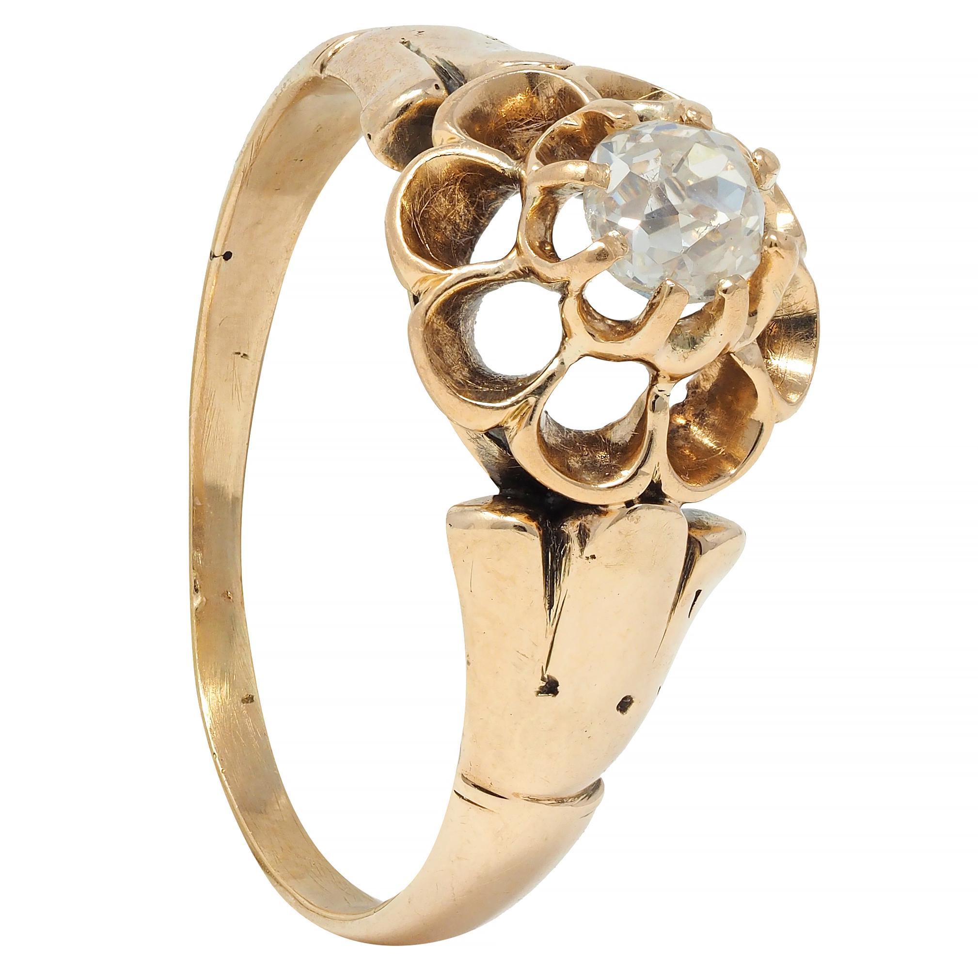 Victorian Old Mine Cut Diamond 14 Karat Gold Belcher Set Antique Engagement Ring 6