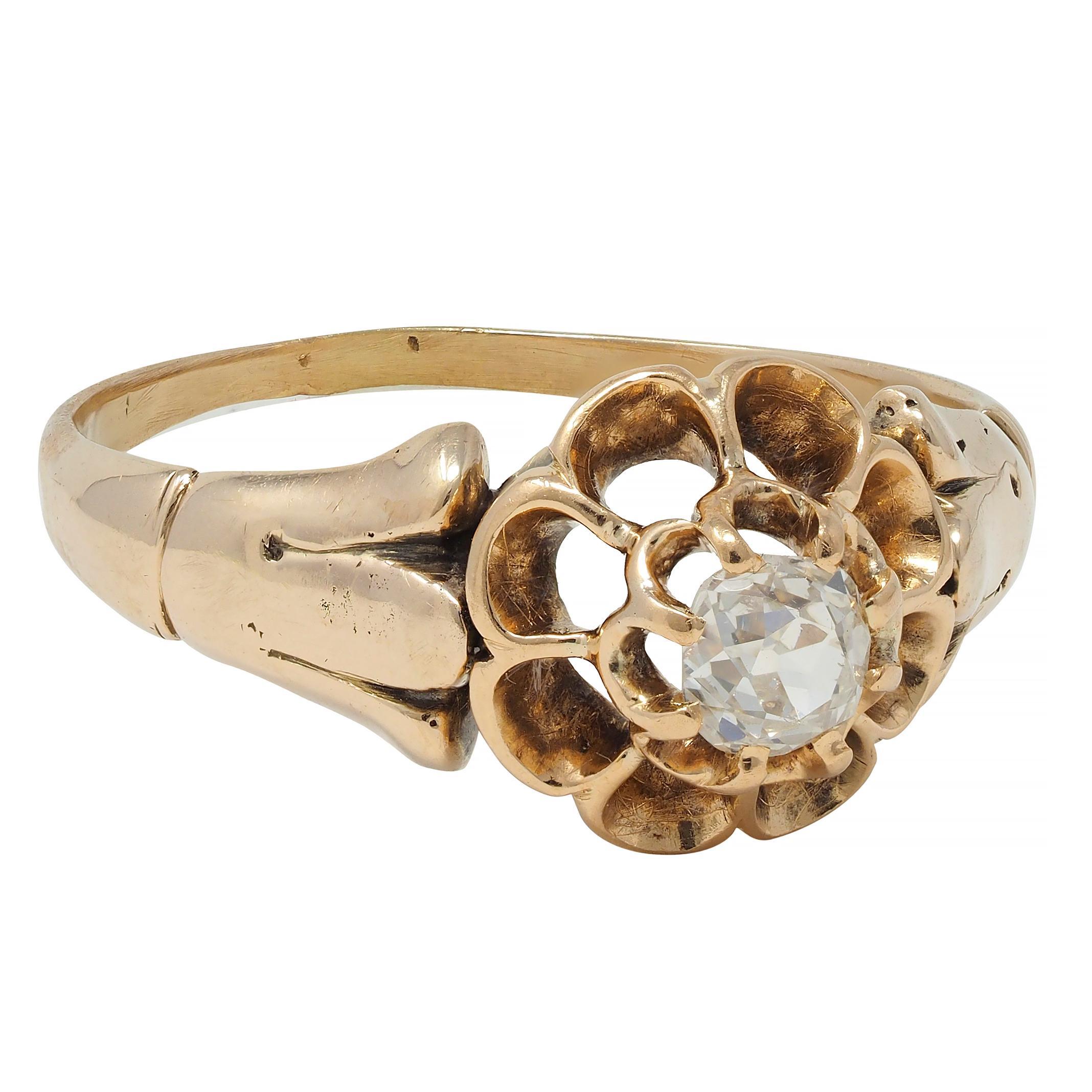 Victorian Old Mine Cut Diamond 14 Karat Gold Belcher Set Antique Engagement Ring In Excellent Condition In Philadelphia, PA