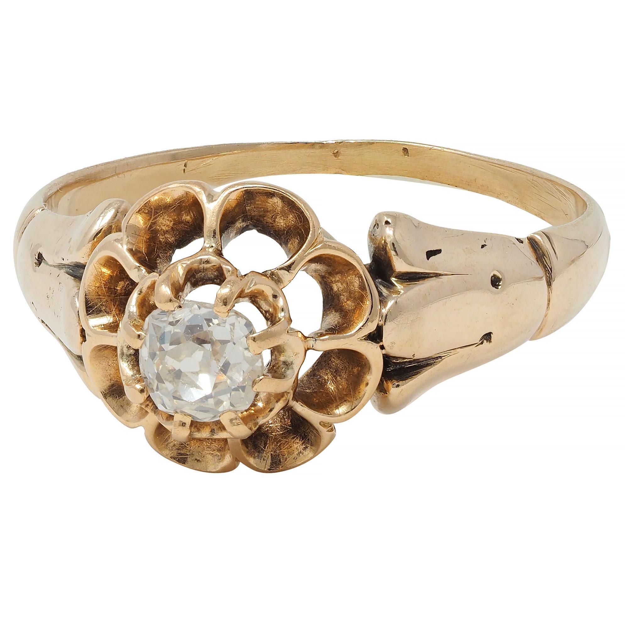 Victorian Old Mine Cut Diamond 14 Karat Gold Belcher Set Antique Engagement Ring 3