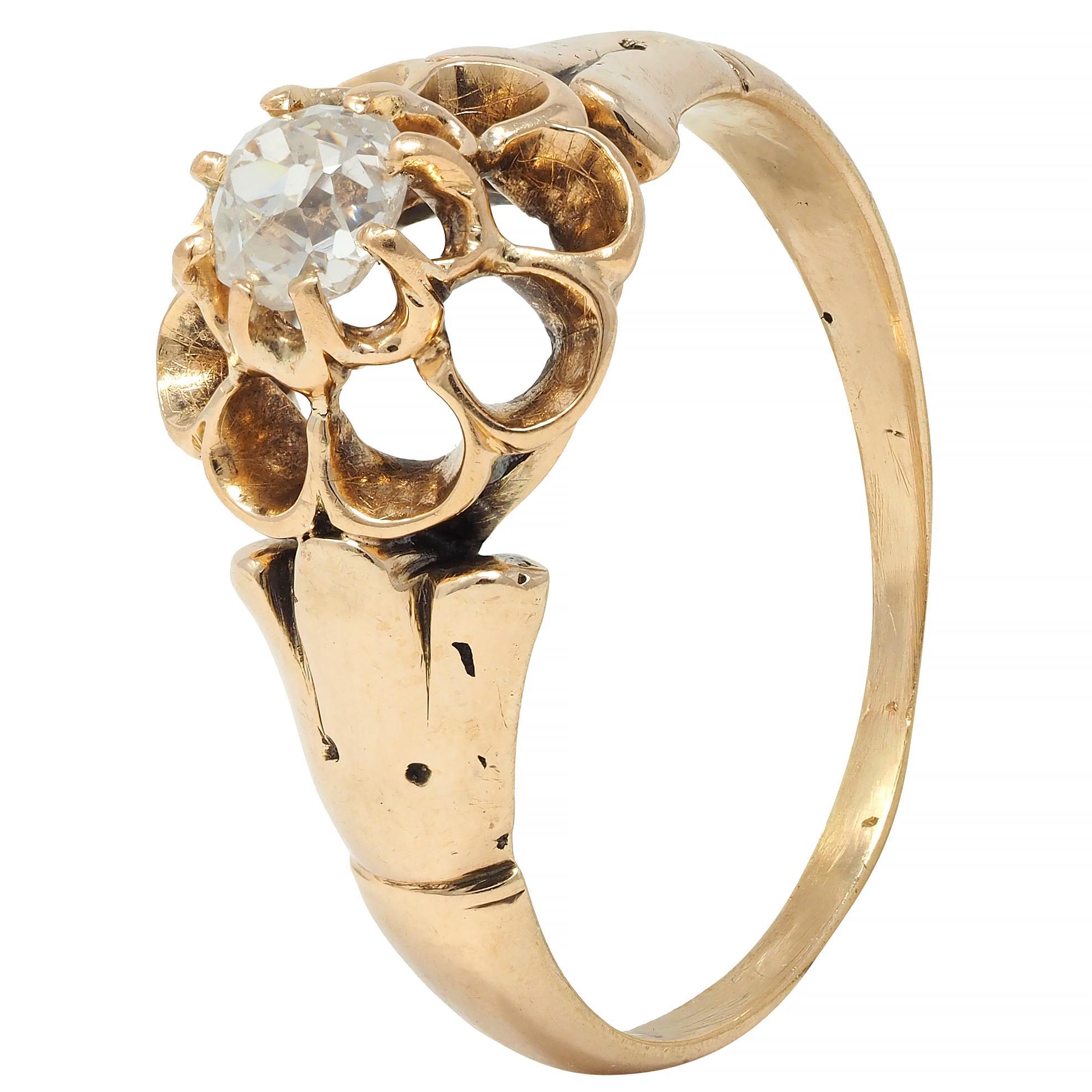 Victorian Old Mine Cut Diamond 14 Karat Gold Belcher Set Antique Engagement Ring 4
