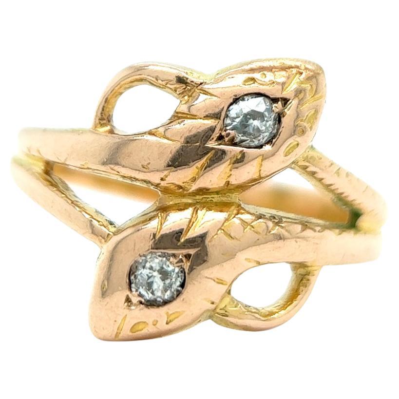 Victorian Old Mine Cut Diamond 14 Karat Rose Gold Double Snake Ring