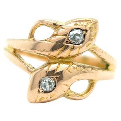 Antique Victorian Old Mine Cut Diamond 14 Karat Rose Gold Double Snake Ring