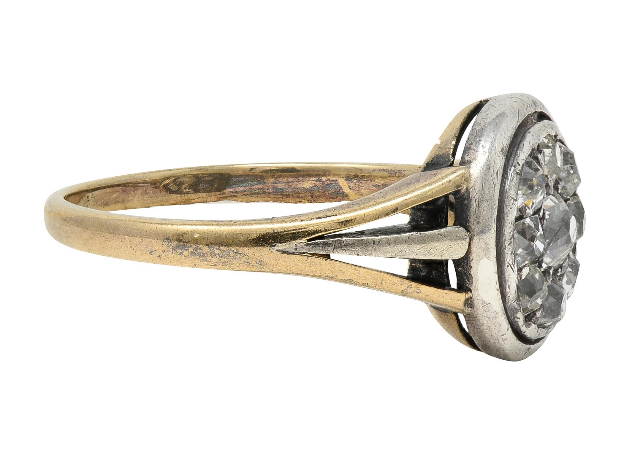 Victorian Old Mine Cut Diamond 14 Karat Gelbgold Silber Antique Cluster Ring (Viktorianisch) im Angebot