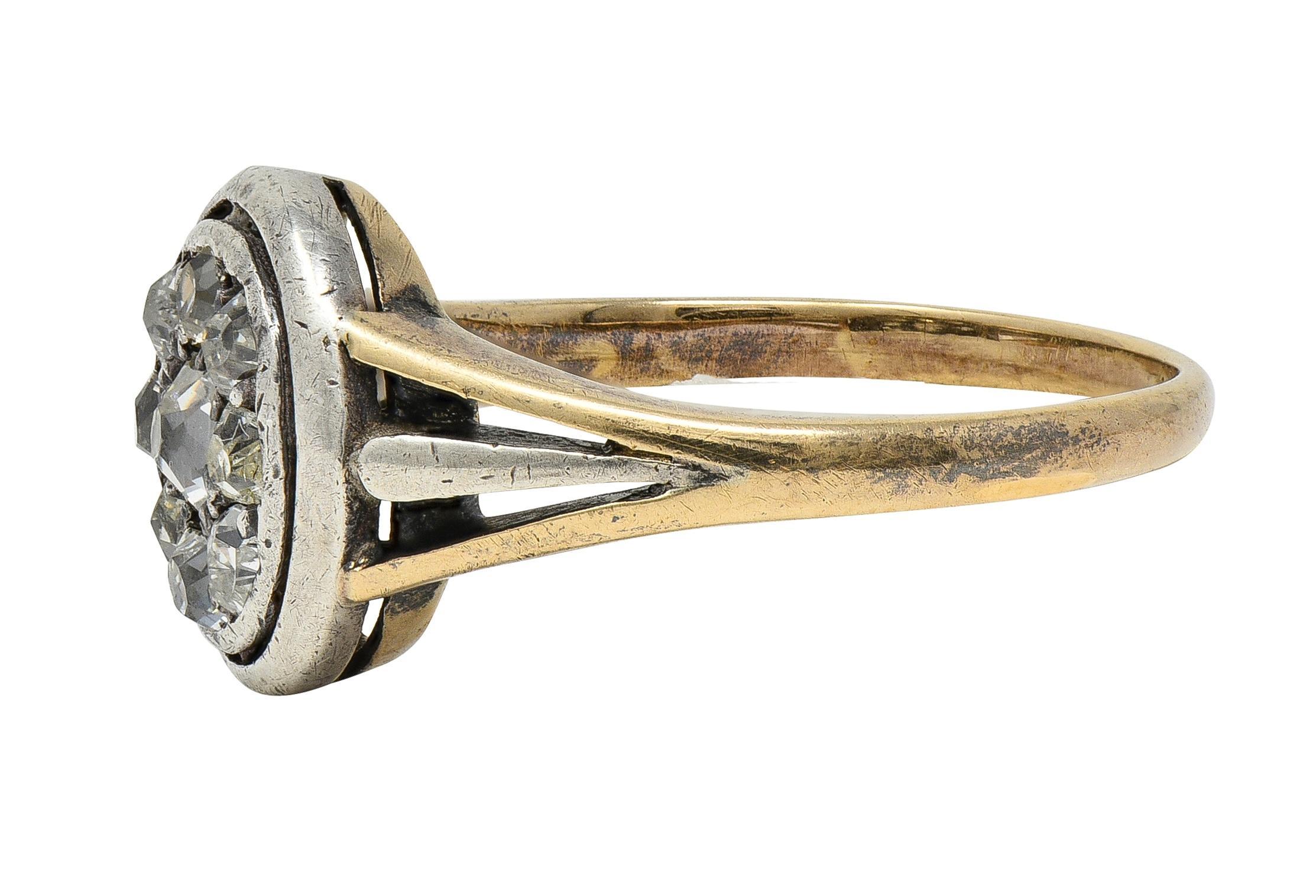 Victorian Old Mine Cut Diamond 14 Karat Gelbgold Silber Antique Cluster Ring Damen im Angebot