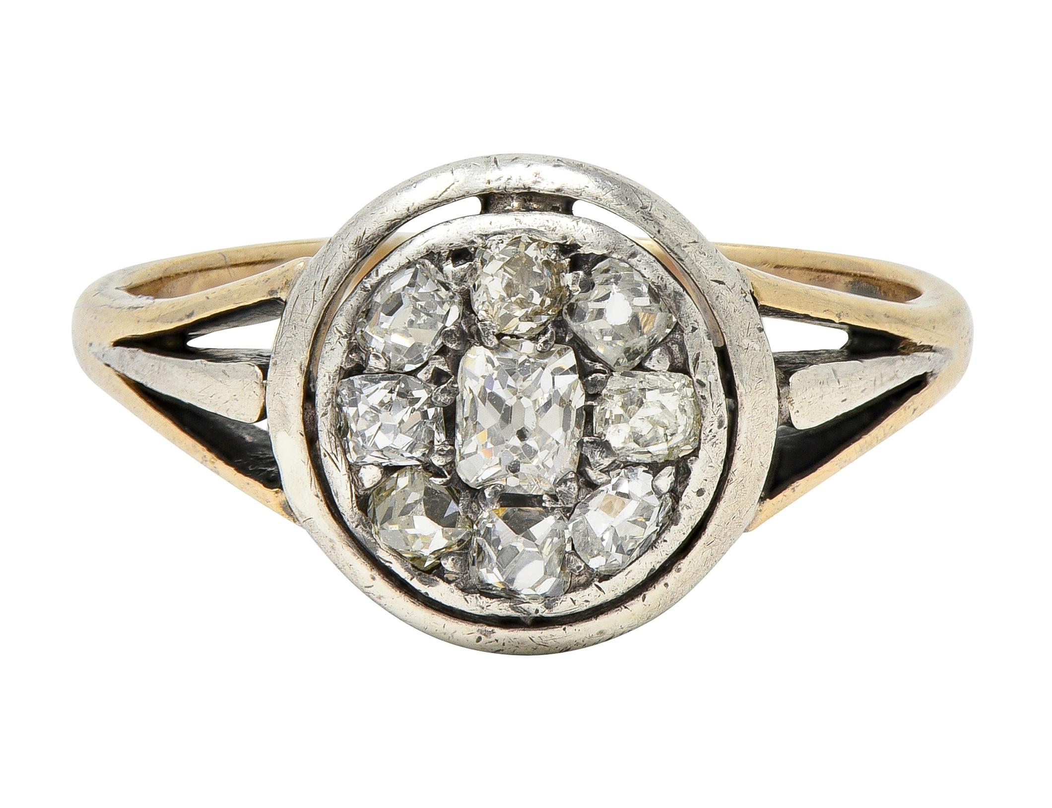 Victorian Old Mine Cut Diamond 14 Karat Yellow Gold Silver Antique Cluster Ring