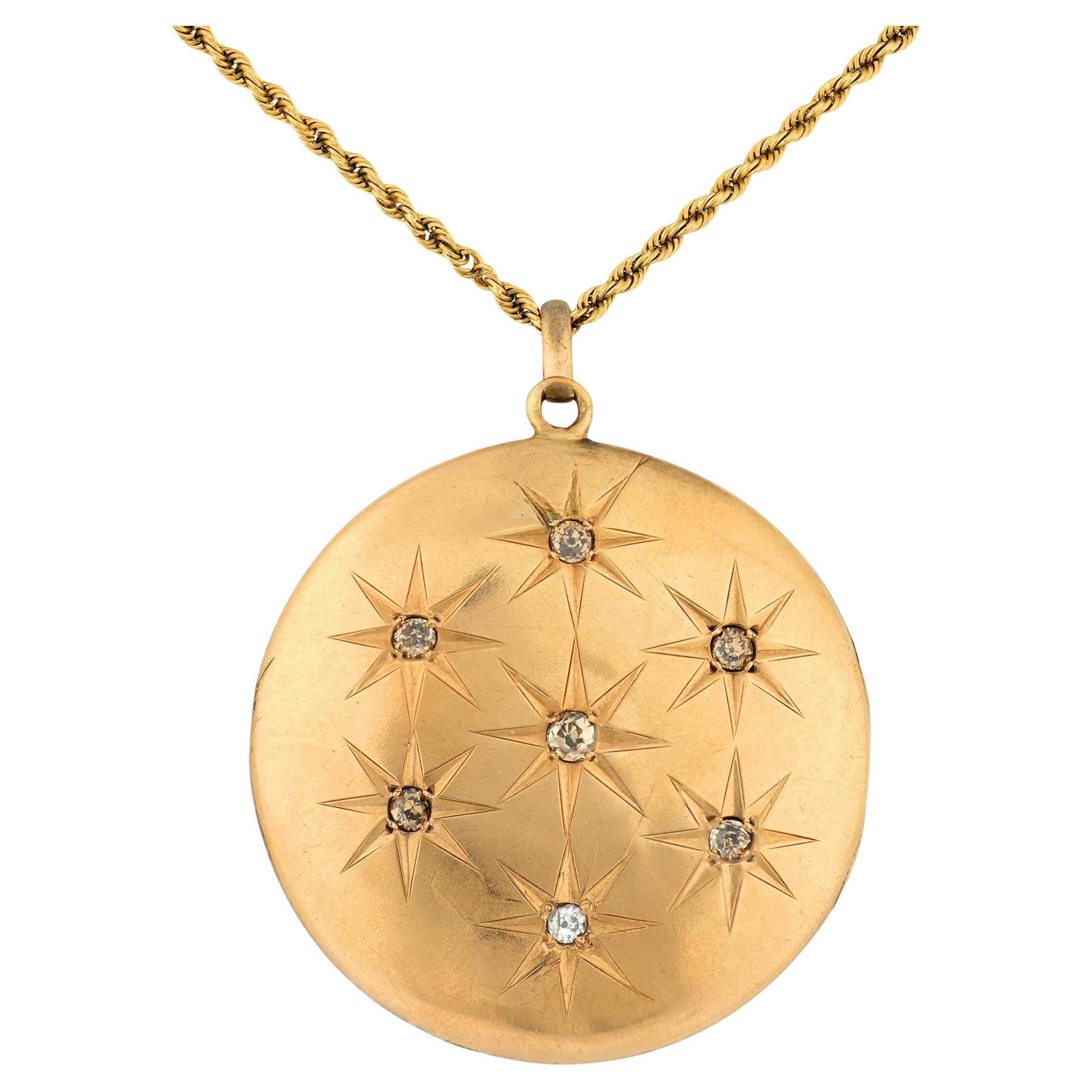 Victorian old mine cut diamond 14k gold locket necklace For Sale