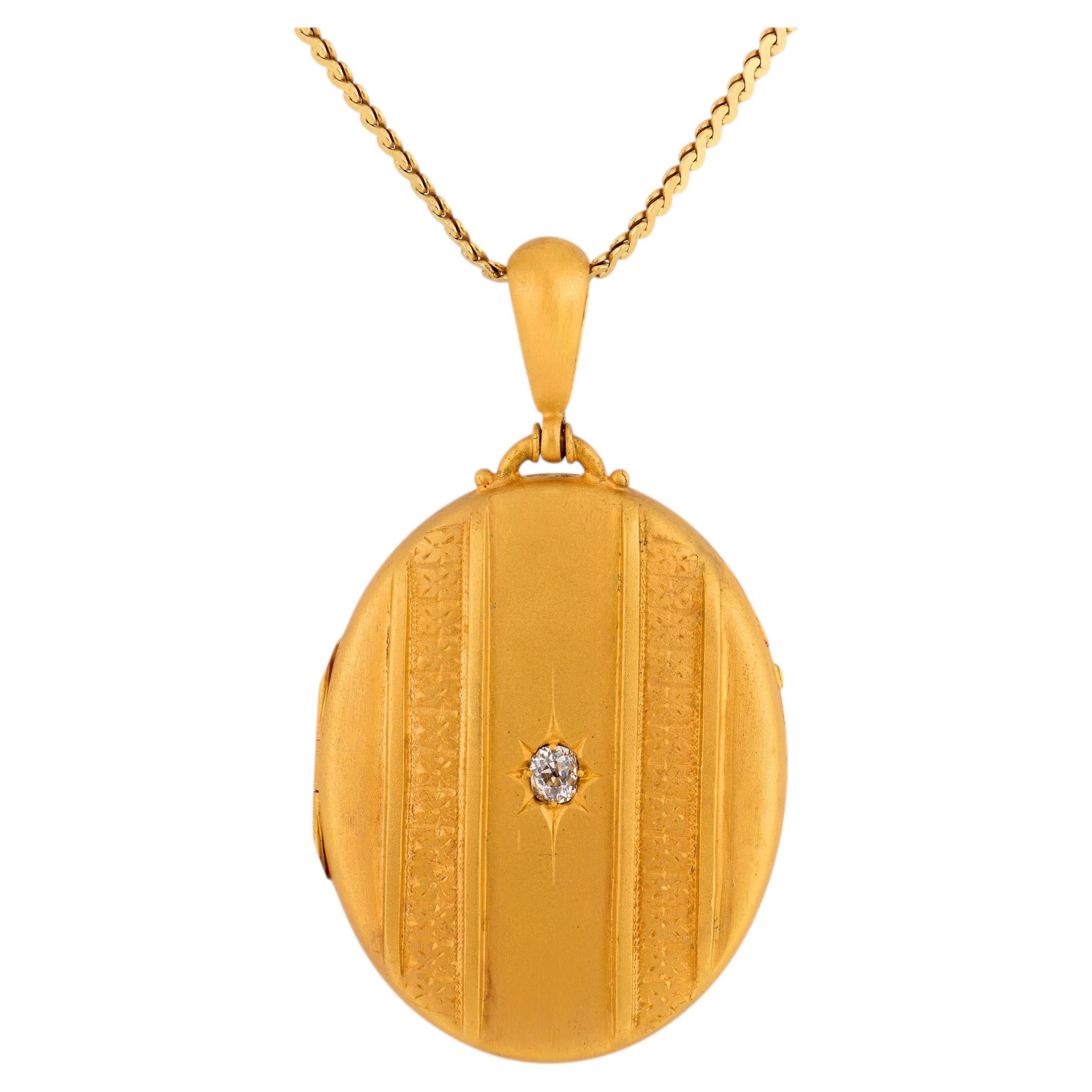 Victorian old mine cut diamond 14k yellow gold locket necklace For Sale