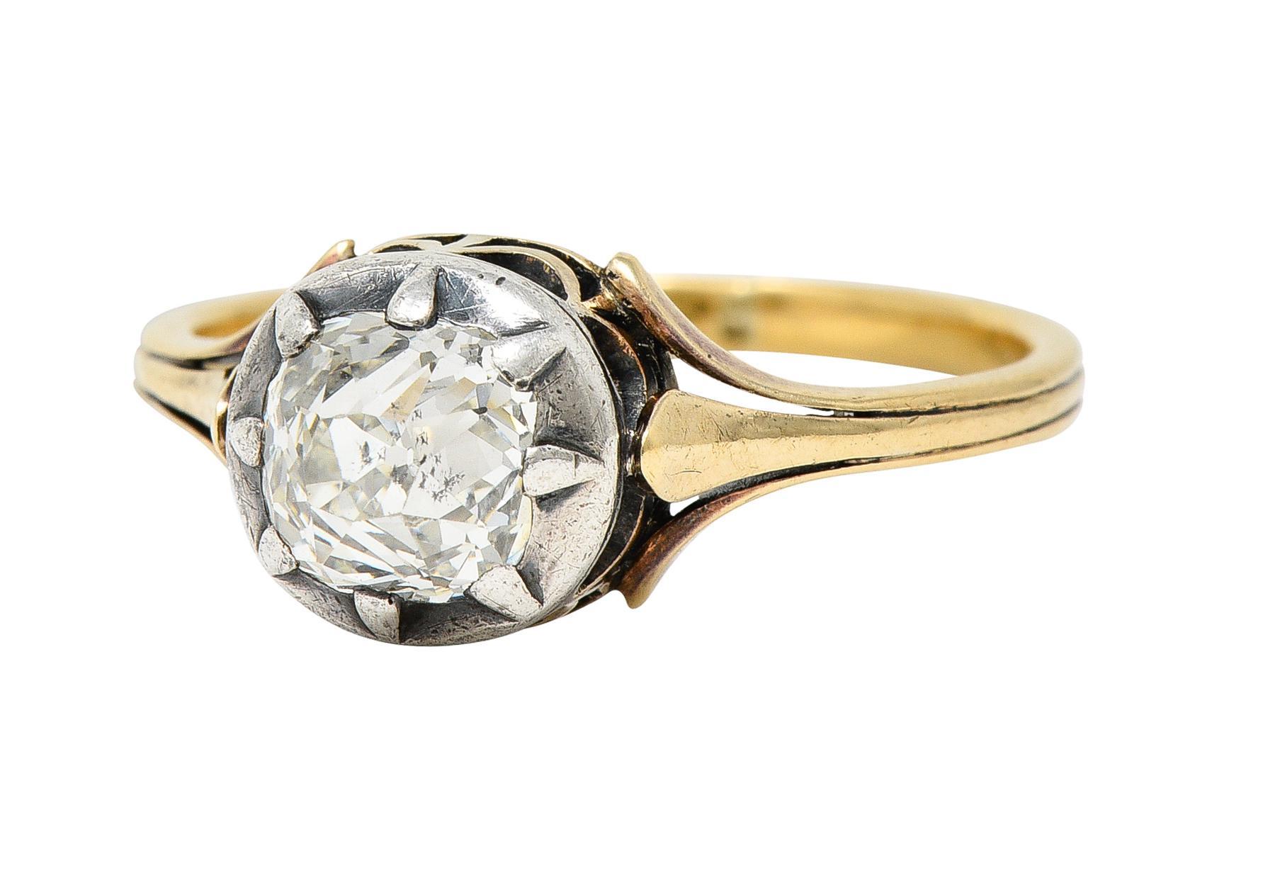 Victorian Old Mine Cut Diamond 14K Yellow Gold Silver Antique Engagement Ring For Sale 2