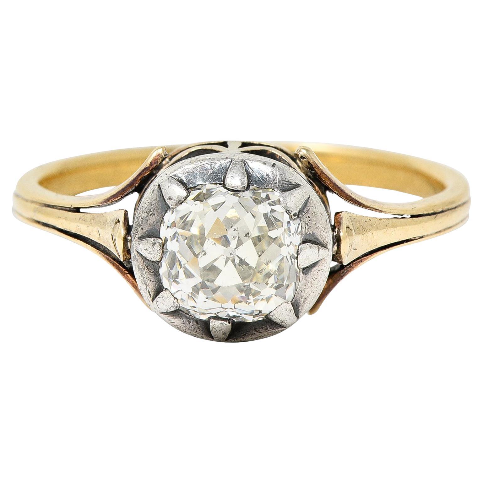 Victorian Old Mine Cut Diamond 14K Yellow Gold Silver Antique Engagement Ring For Sale