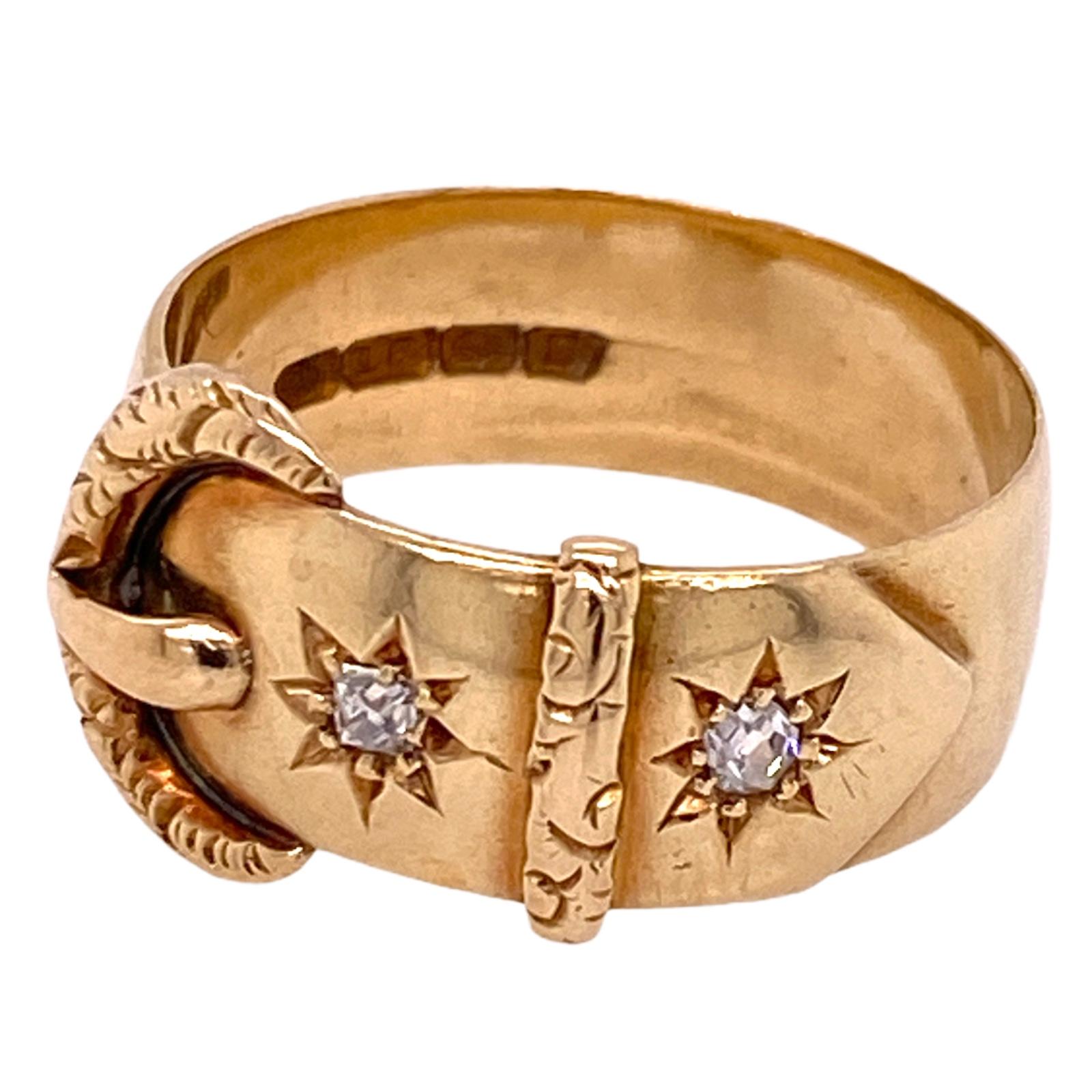 Victorian Old Mine Cut Diamond 18 Karat Yellow Gold Antique Buckle Ring In Good Condition In Boca Raton, FL