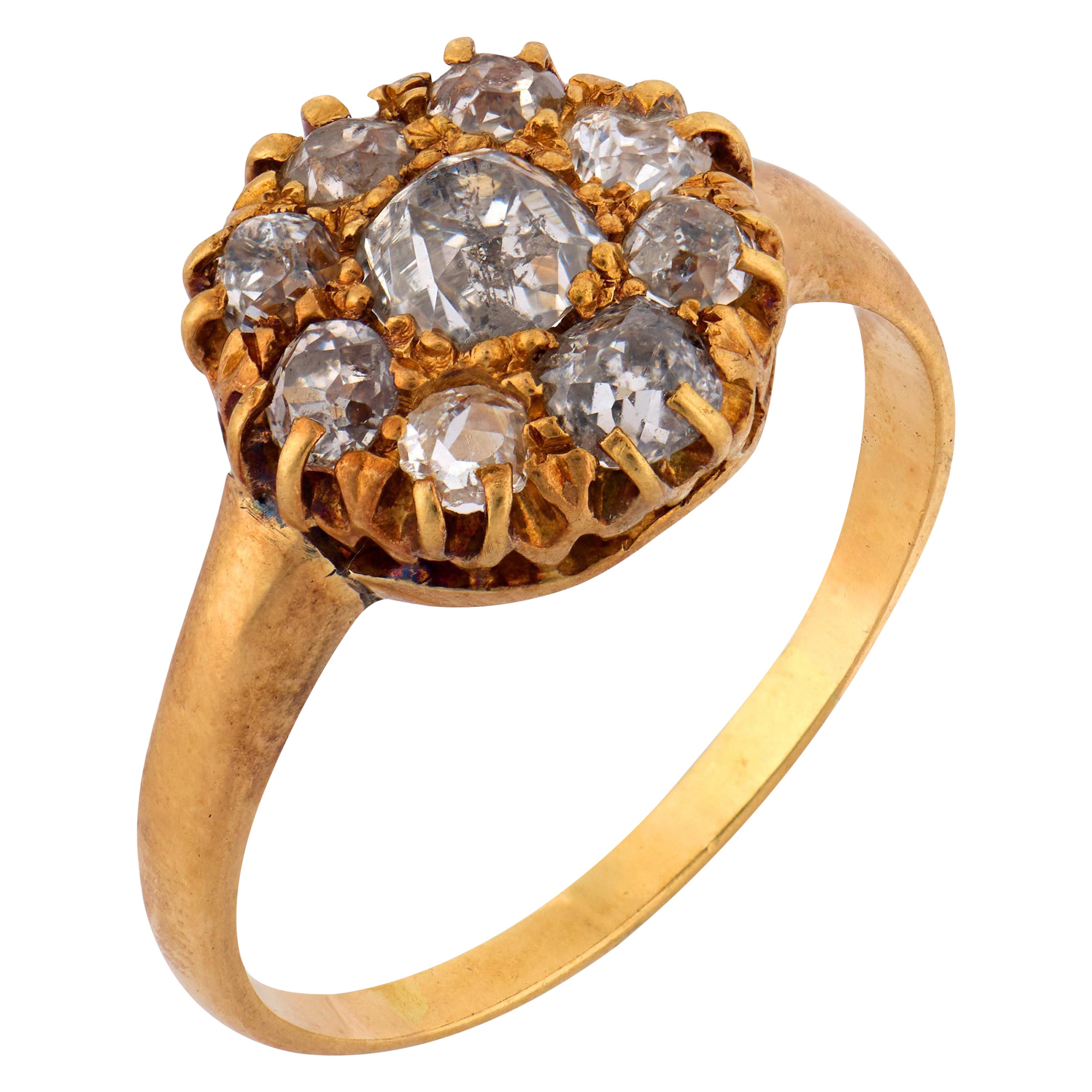 Victorian old mine cut diamond 18k gold cluster ring