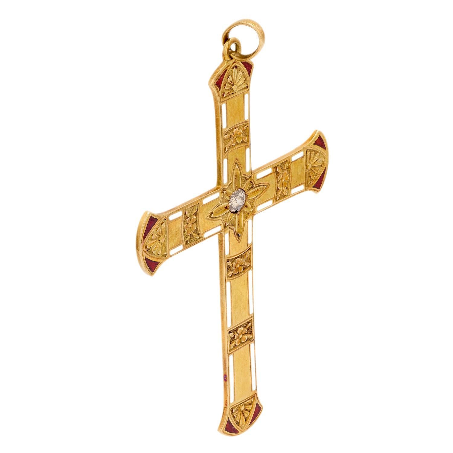 Victorien Pendentif croix victorien en or 18 carats, émail rouge et blanc en vente