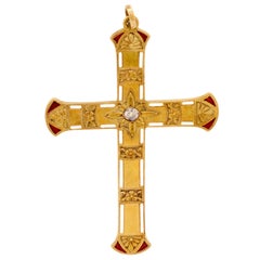 Victorian old mine cut diamond 18k gold red and white enamel cross pendant