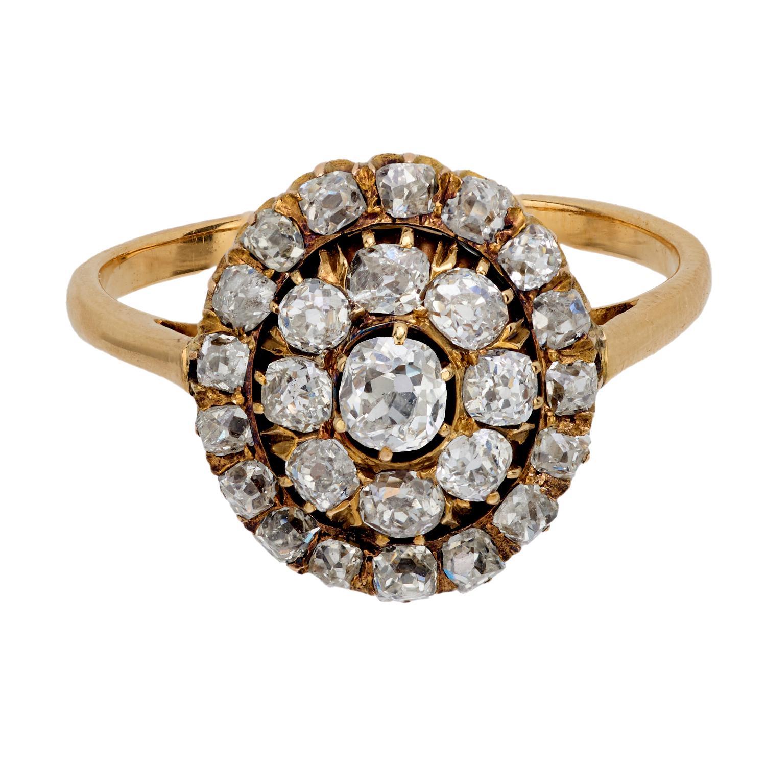 Victorien Bague victorienne à grappes de diamants taille ancienne mine en or jaune 18 carats en vente