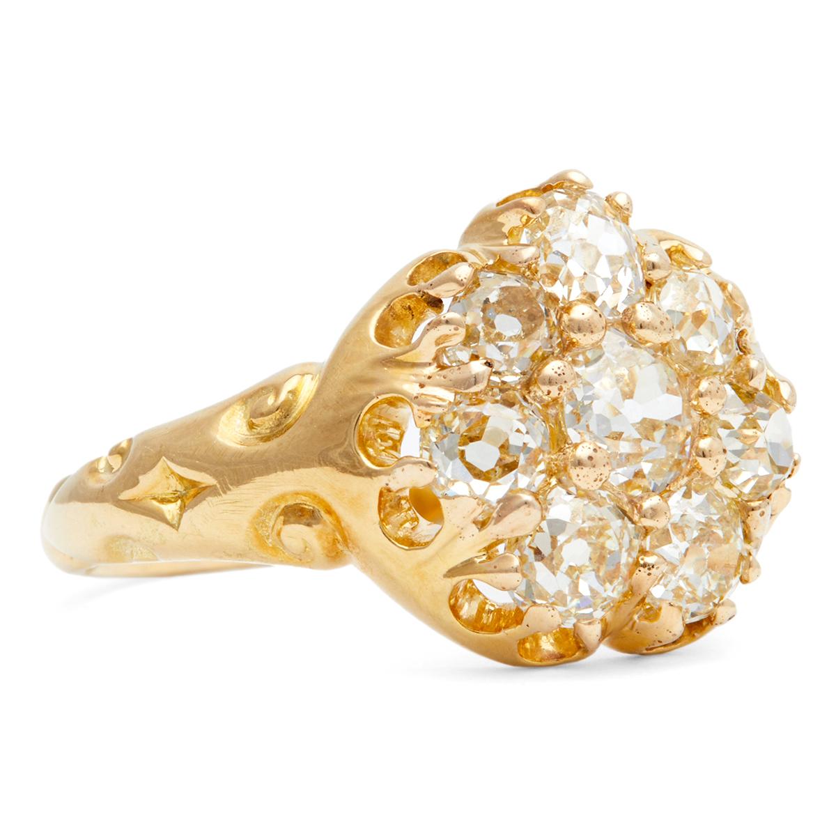 Women's or Men's Victorian Old Mine Cut Diamond 18k Yellow Gold Cluster Ring