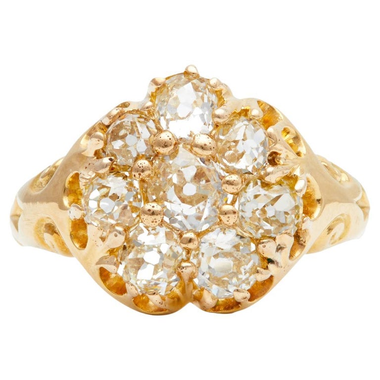 Victorian Old Mine Cut Diamond 18k Yellow Gold Cluster Ring For Sale at ...