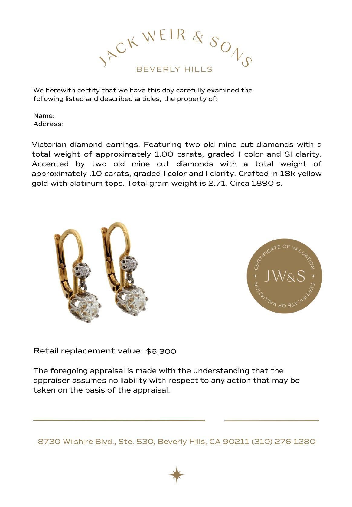 Pendientes antiguos victorianos de diamantes talla mina de oro amarillo de 18k en venta 1