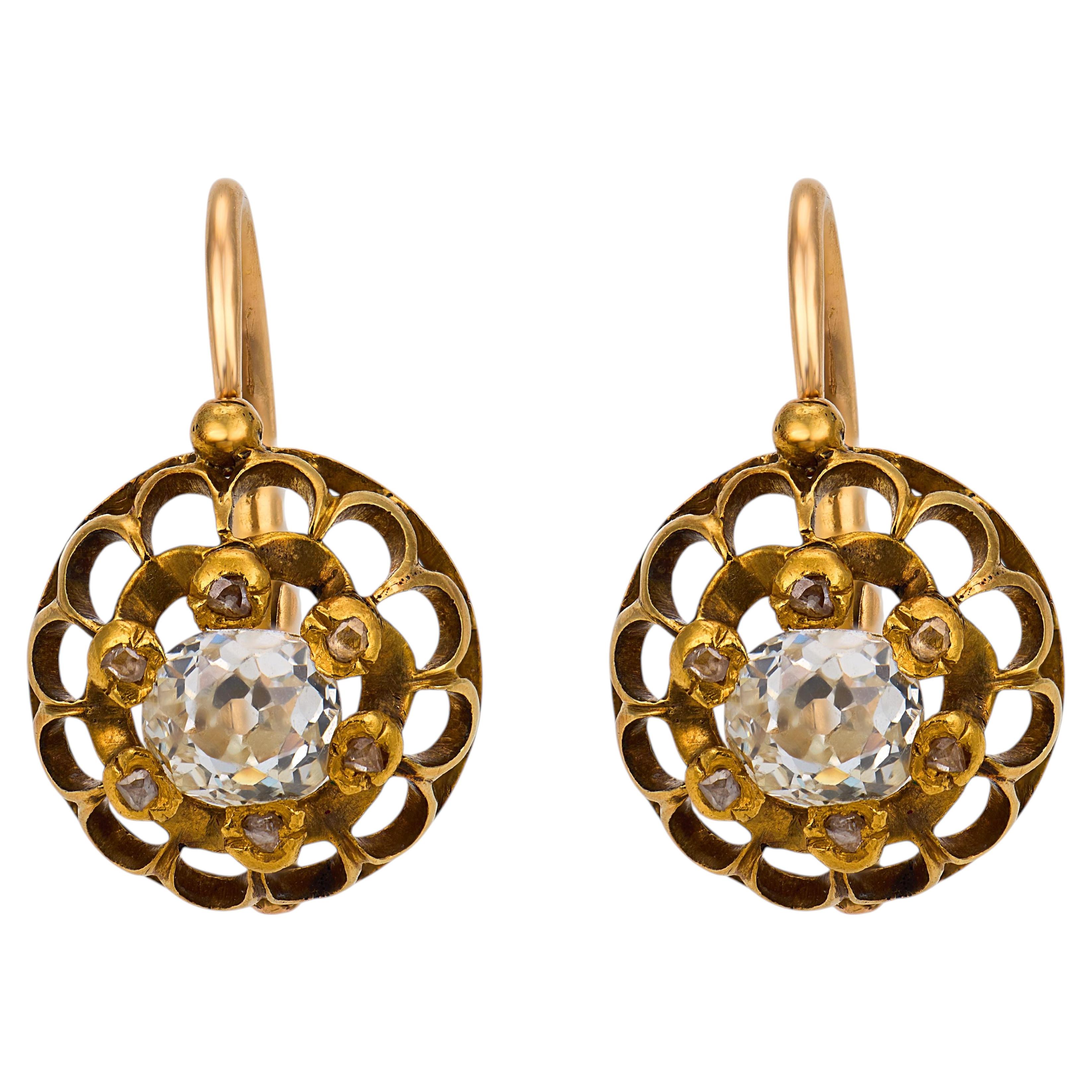 Victorian old mine cut diamond 18k yellow gold earrings