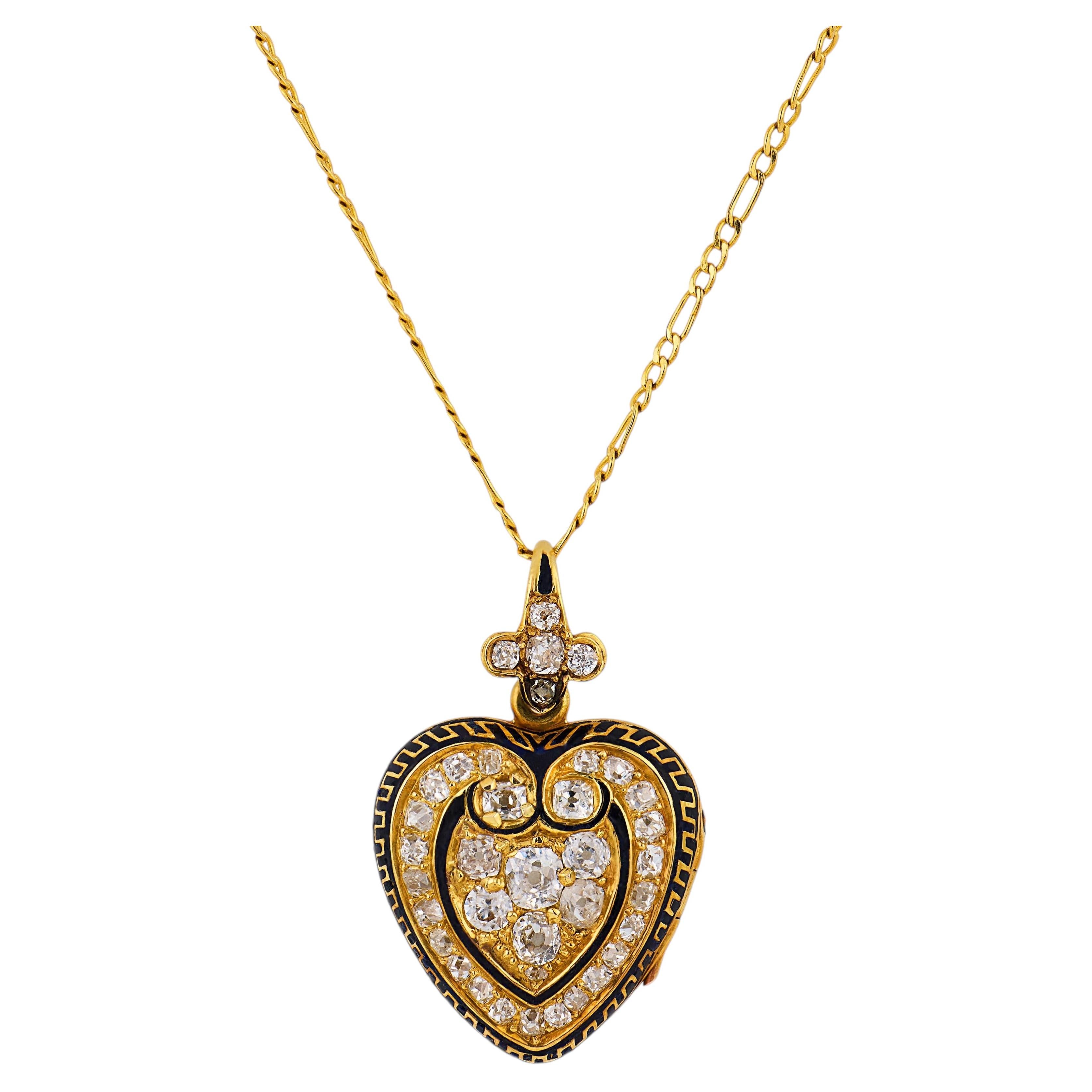 Ciondolo medaglione a forma di cuore in oro giallo 18 carati con smalto e diamante taglio "Old Mine" in stile vittoriano