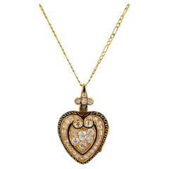 Victorian old mine cut diamond 18k yellow gold enamel heart locket pendant