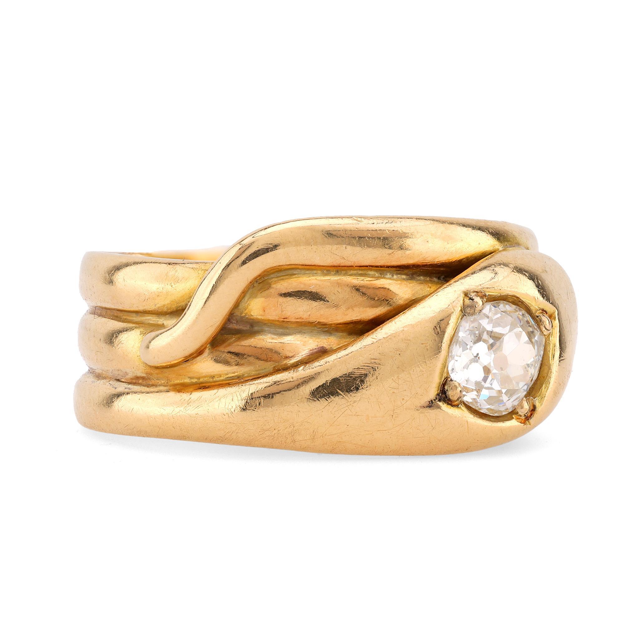 Victorian Old Mine Cut Diamant 18K Gelbgold Schlange Ring (Viktorianisch)