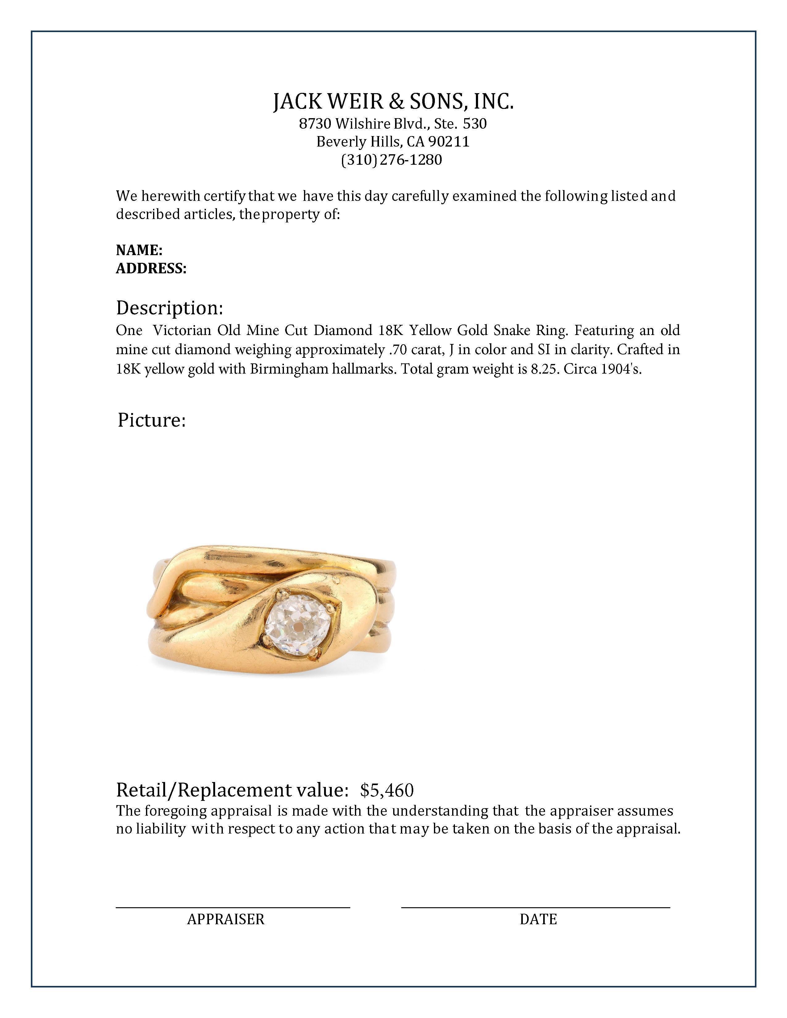 Victorian Old Mine Cut Diamant 18K Gelbgold Schlange Ring im Zustand „Hervorragend“ in Beverly Hills, CA