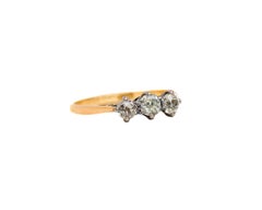 Victorian Old Mine Cut Diamond 3-Stone Ring Yellow Gold and Platinum