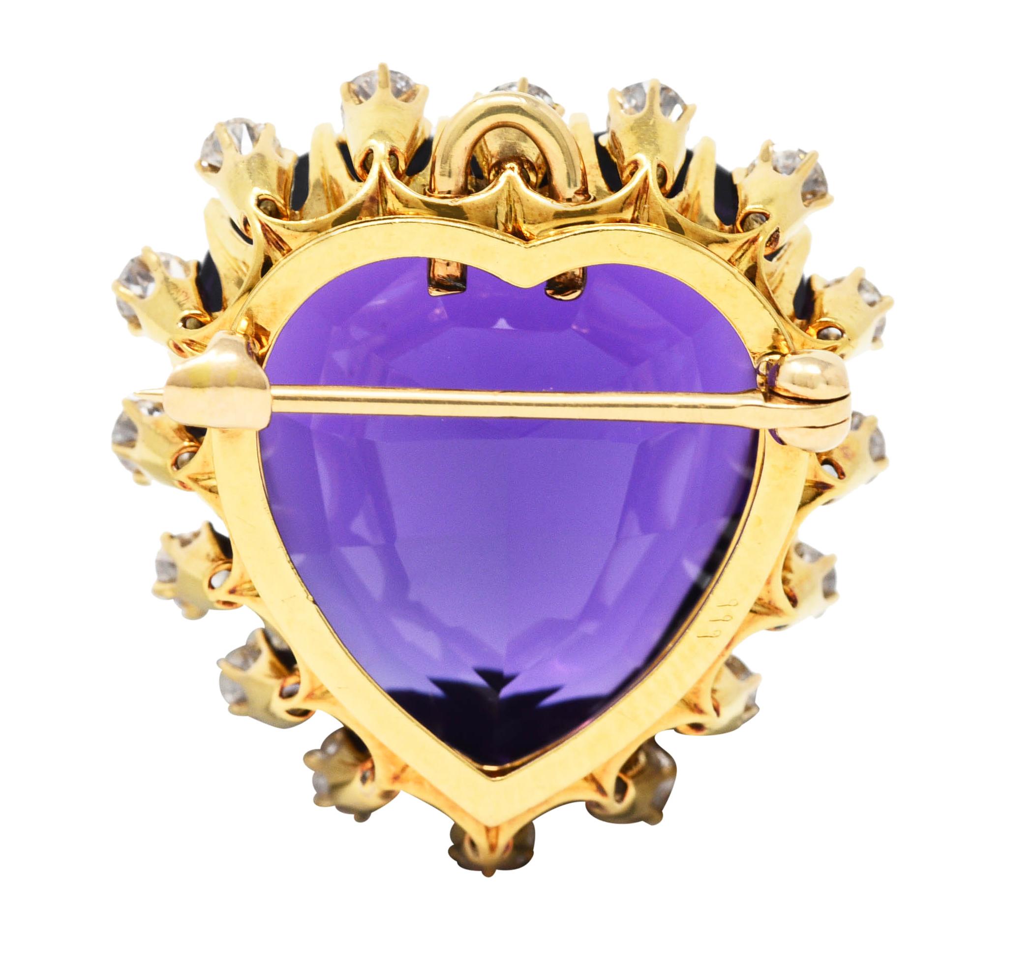 Heart Cut Victorian Old Mine Cut Diamond Amethyst 18 Karat Gold Heart Halo Pendant Brooch