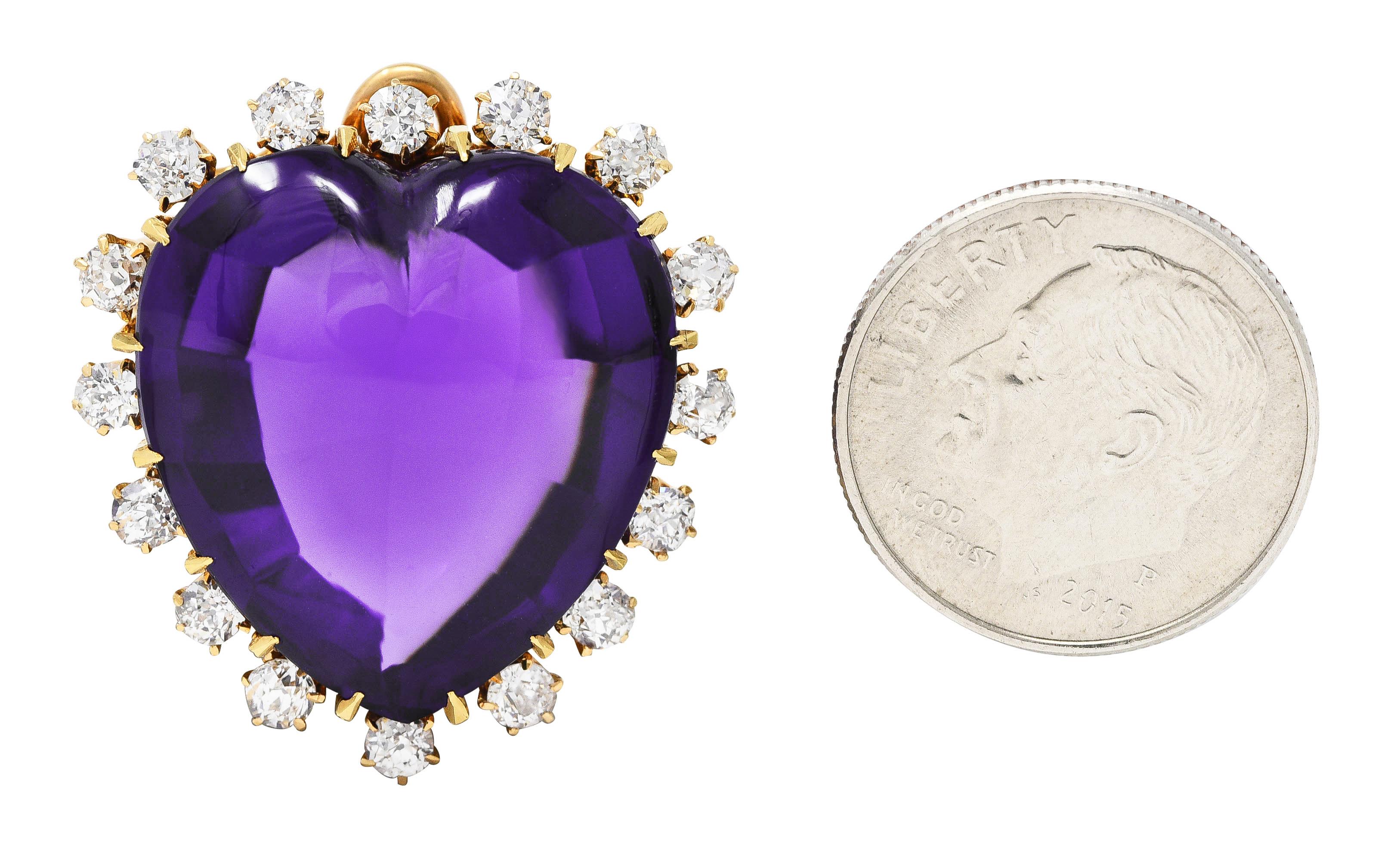 Victorian Old Mine Cut Diamond Amethyst 18 Karat Gold Heart Halo Pendant Brooch 4