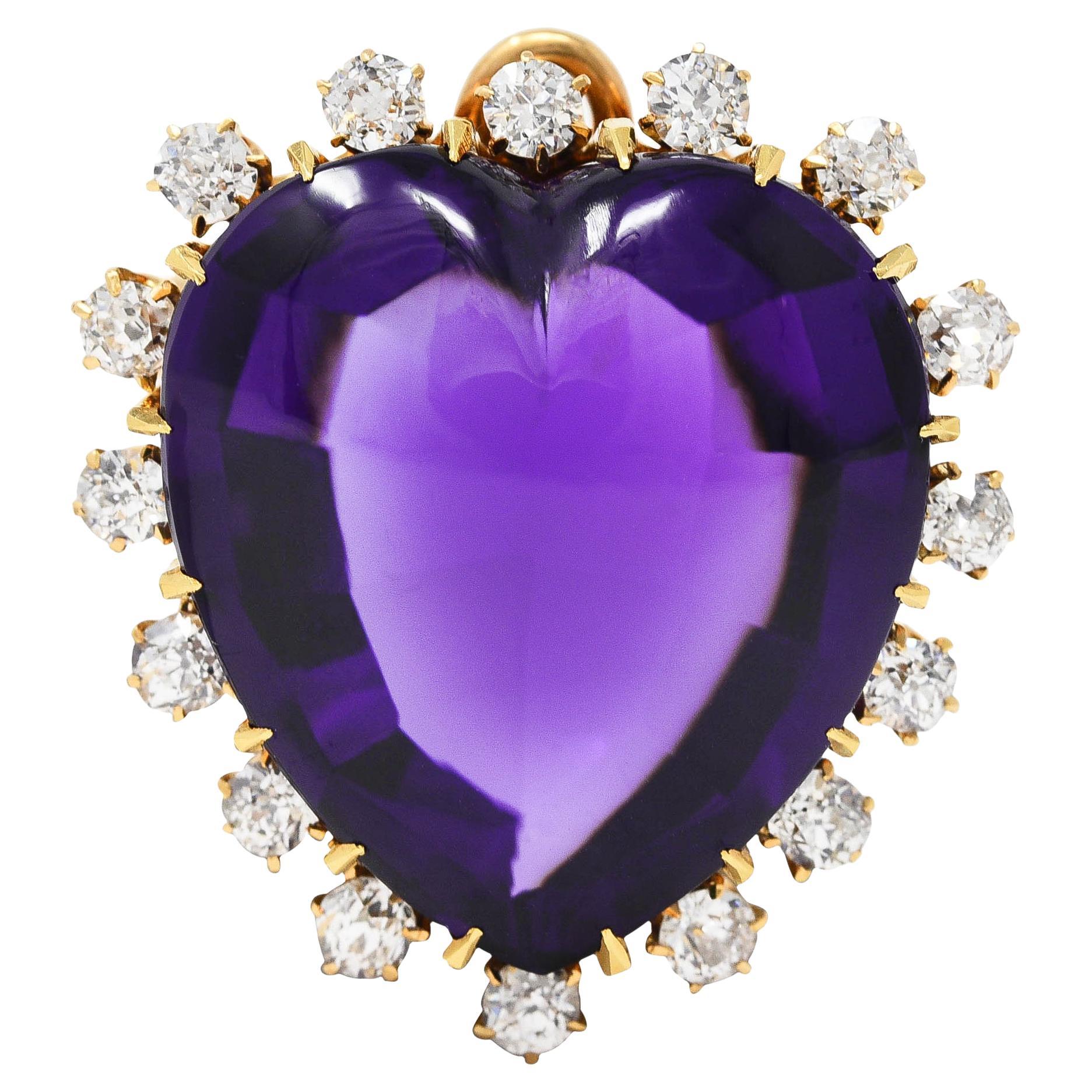 Victorian Old Mine Cut Diamond Amethyst 18 Karat Gold Heart Halo Pendant Brooch