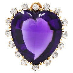 Victorian Old Mine Cut Diamond Amethyst 18 Karat Gold Heart Halo Pendant Brooch